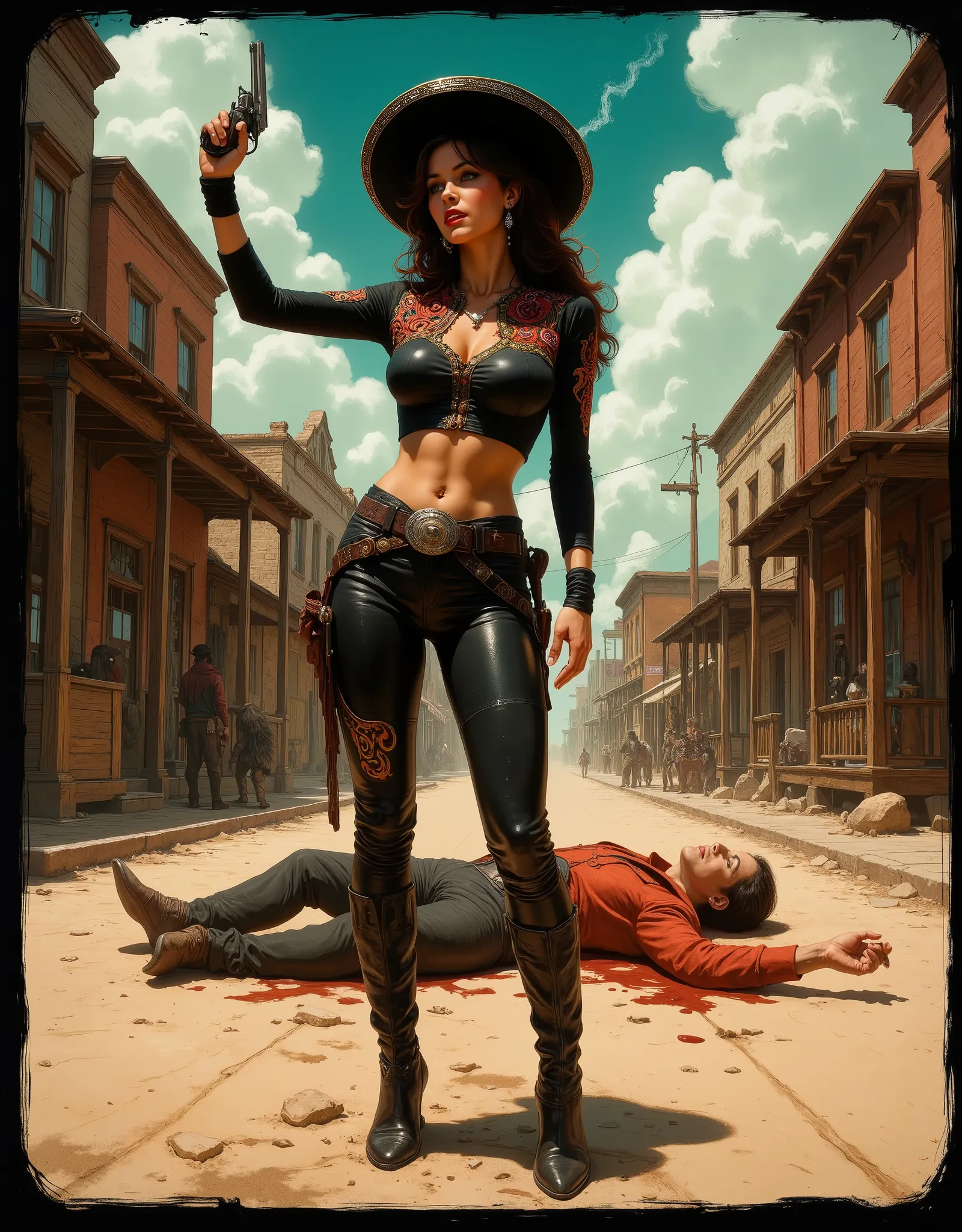 Depict a bold Spanish "pistolera" standing triumphantly in the dusty main street of old Laredo or El Paso at high noon. She wears a striking black outfit that fuses traditional Mexican attire with Texas cowgirl style: a fitted, long-sleeved blouse adorned ...