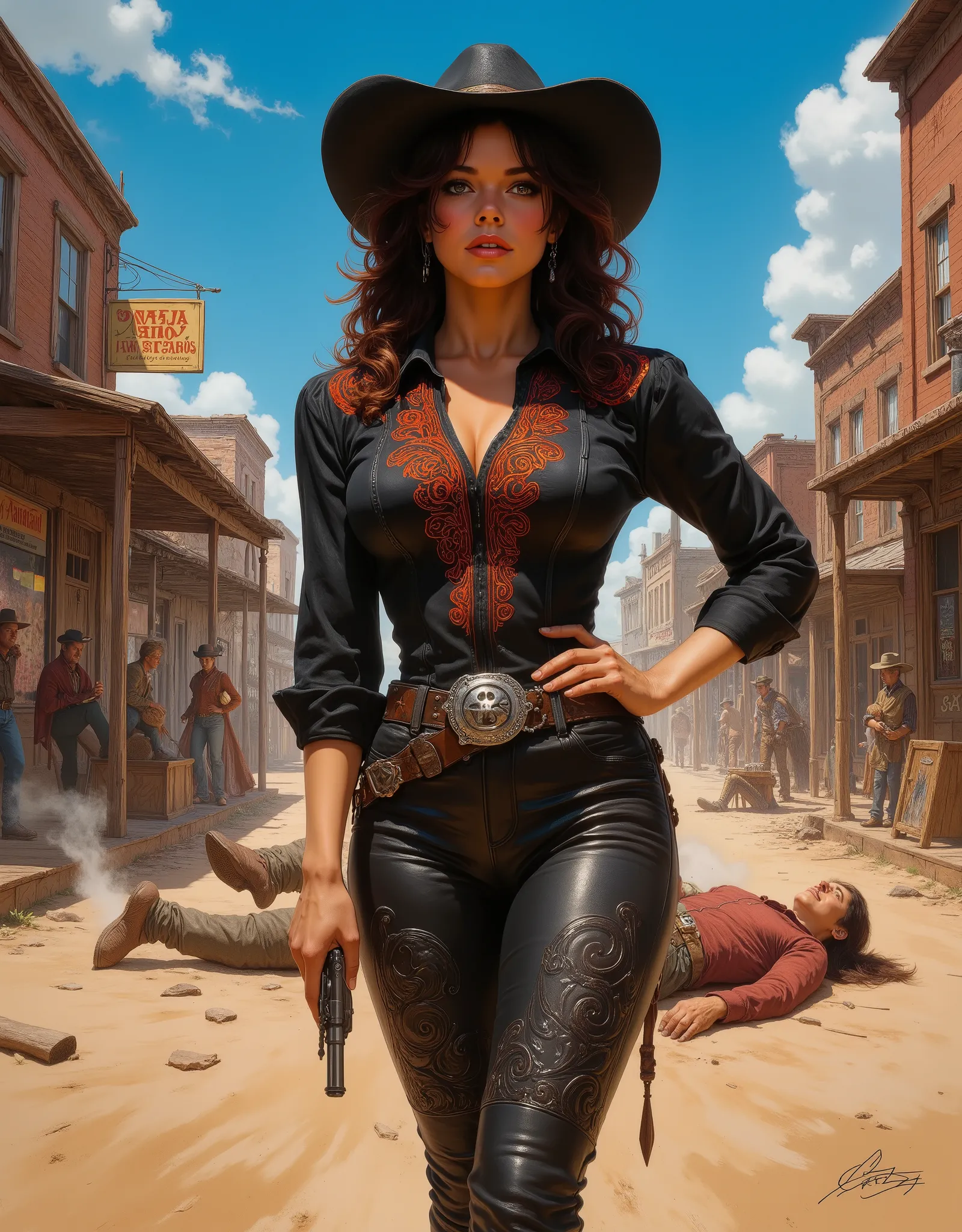 Depict a bold Spanish "pistolera" standing triumphantly in the dusty main street of old Laredo or El Paso at high noon. She wears a striking black outfit that fuses traditional Mexican attire with Texas cowgirl style: a fitted, long-sleeved blouse adorned ...