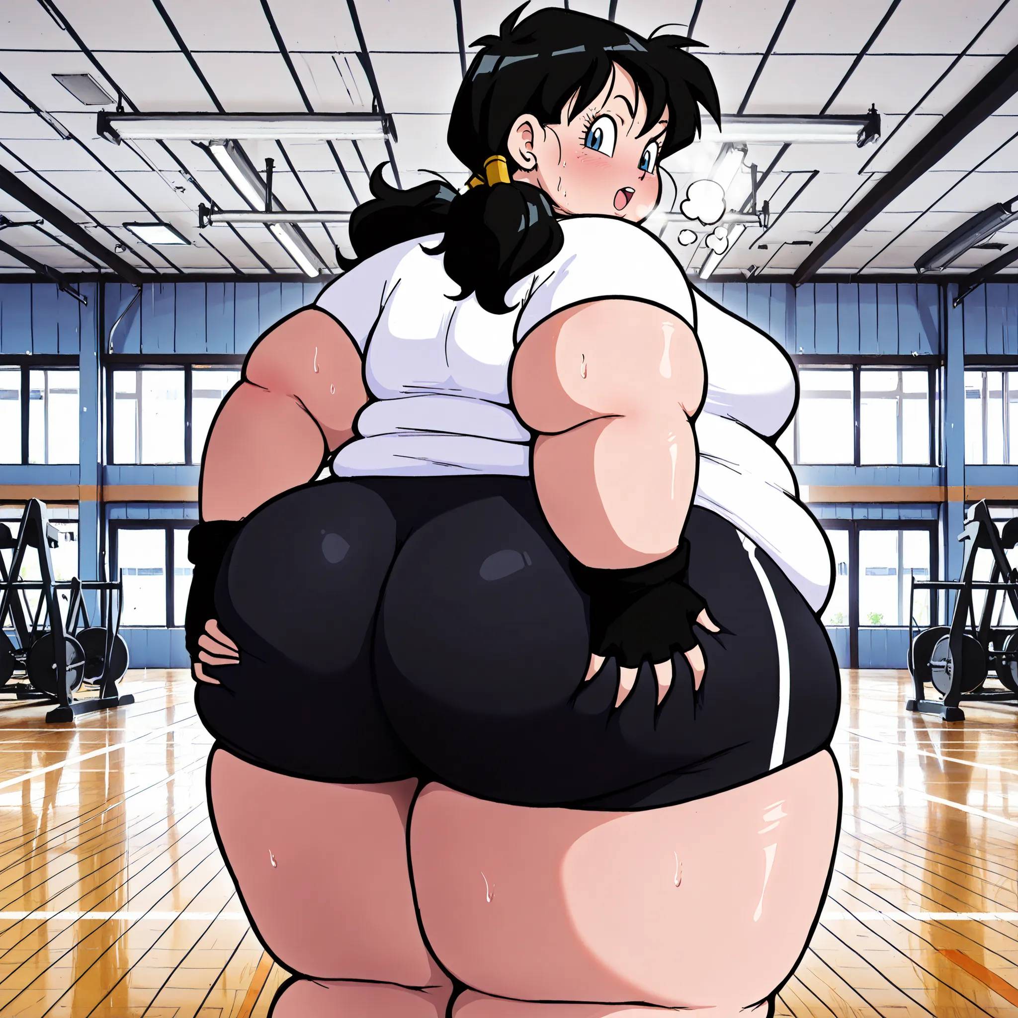 source_anime, score_9, score_8_up, score_7_up, anime screencap,
videldbz, 1girl, solo, looking at viewer, long hair, blue eyes, black hair, ponytails, ass, (((ass grab))), thick thighs, white shirt, gym, fingerless gloves, black shorts fat, chubby, obese, ...