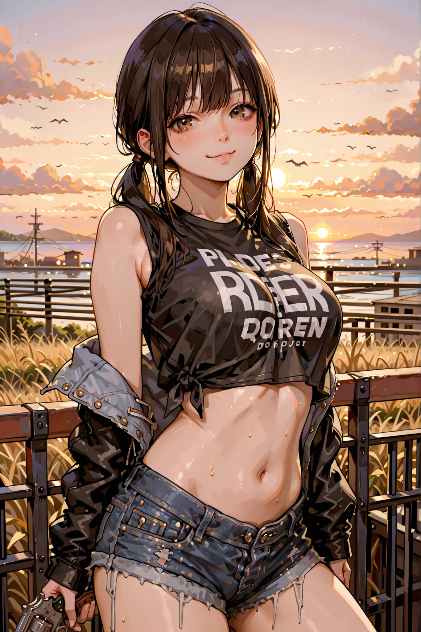 wilderness、Sunset、one young woman、Black twin tails、big natural breasts、sexy body、denim shorts、Cowboy look like、Smile Yan、 revolver、masterpiece、top quality:1.5、