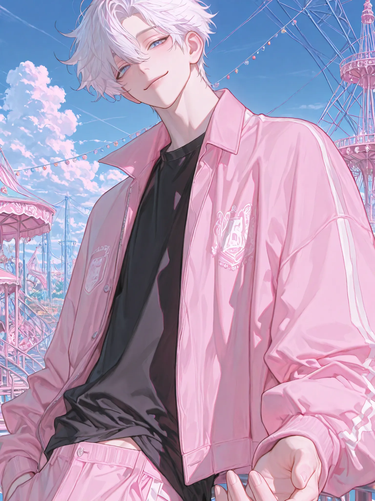 (masterpiece, best quality), best score, amazing quality, very aesthetic, absurdres, highres, newest, HDR, 8K, high detail RAW color art, handfixer, dear vocalist style, suou art style, by suou, 1boy, smile, blue eyes, white hair, lean, sexy man, handsome,...