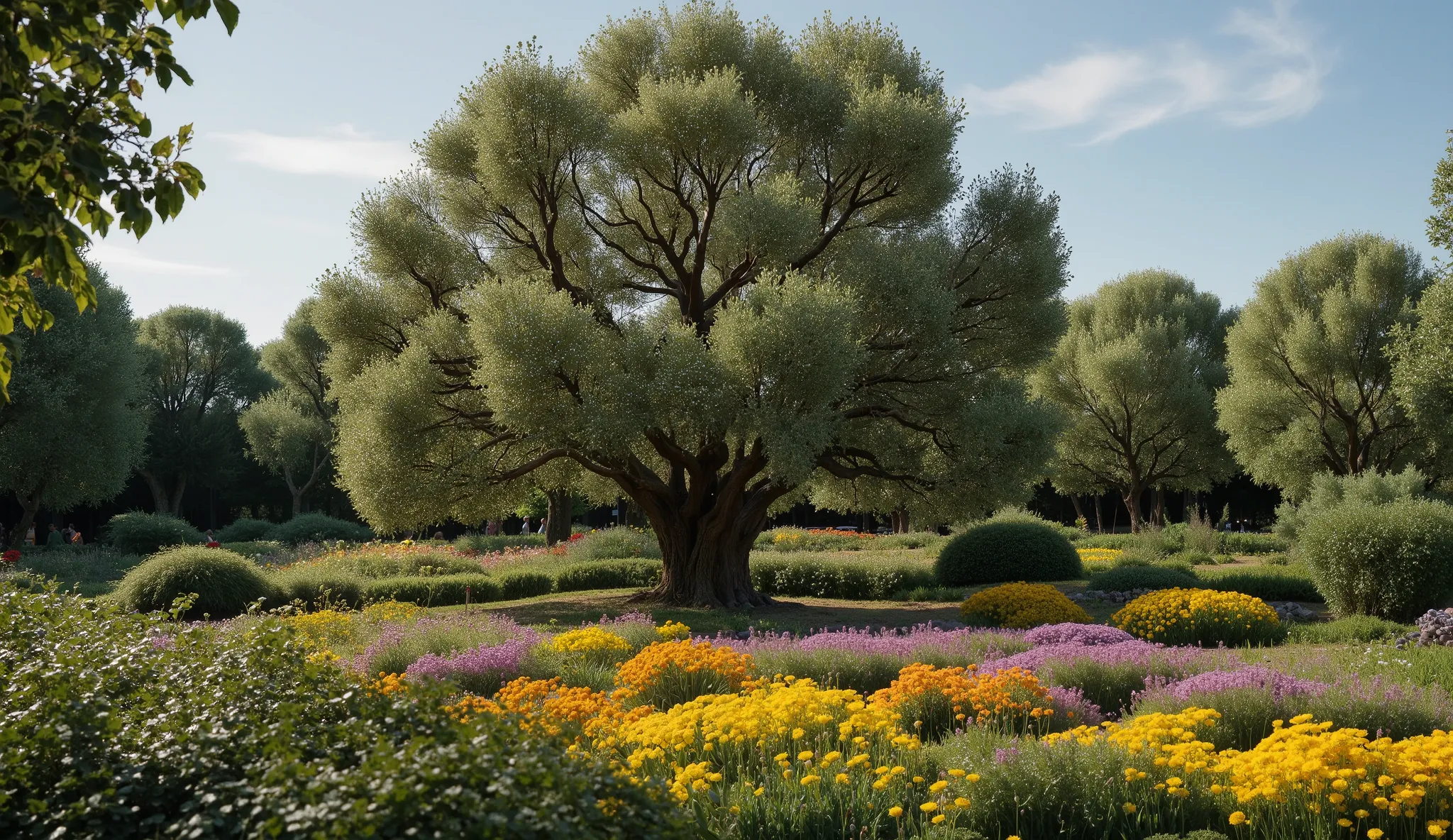 A 3,000-year-old olive tree stands in a magical flower garden.