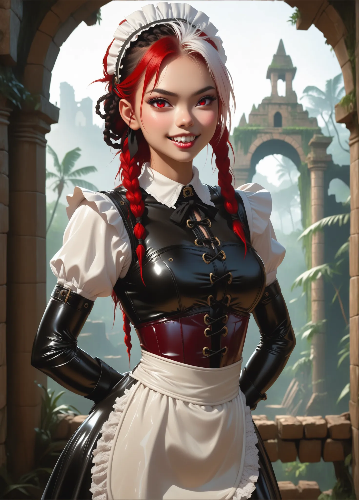 Curious expression. Slender body. Lean body-type. Marble-White skin. Cute 18-year-old Aztec and Indonesian girl with big Asian red eyes and unnaturally sharp teeth and dreadlocks (white and red hair). Intense red eyes. Sharp and shark-like teeth. She has a...