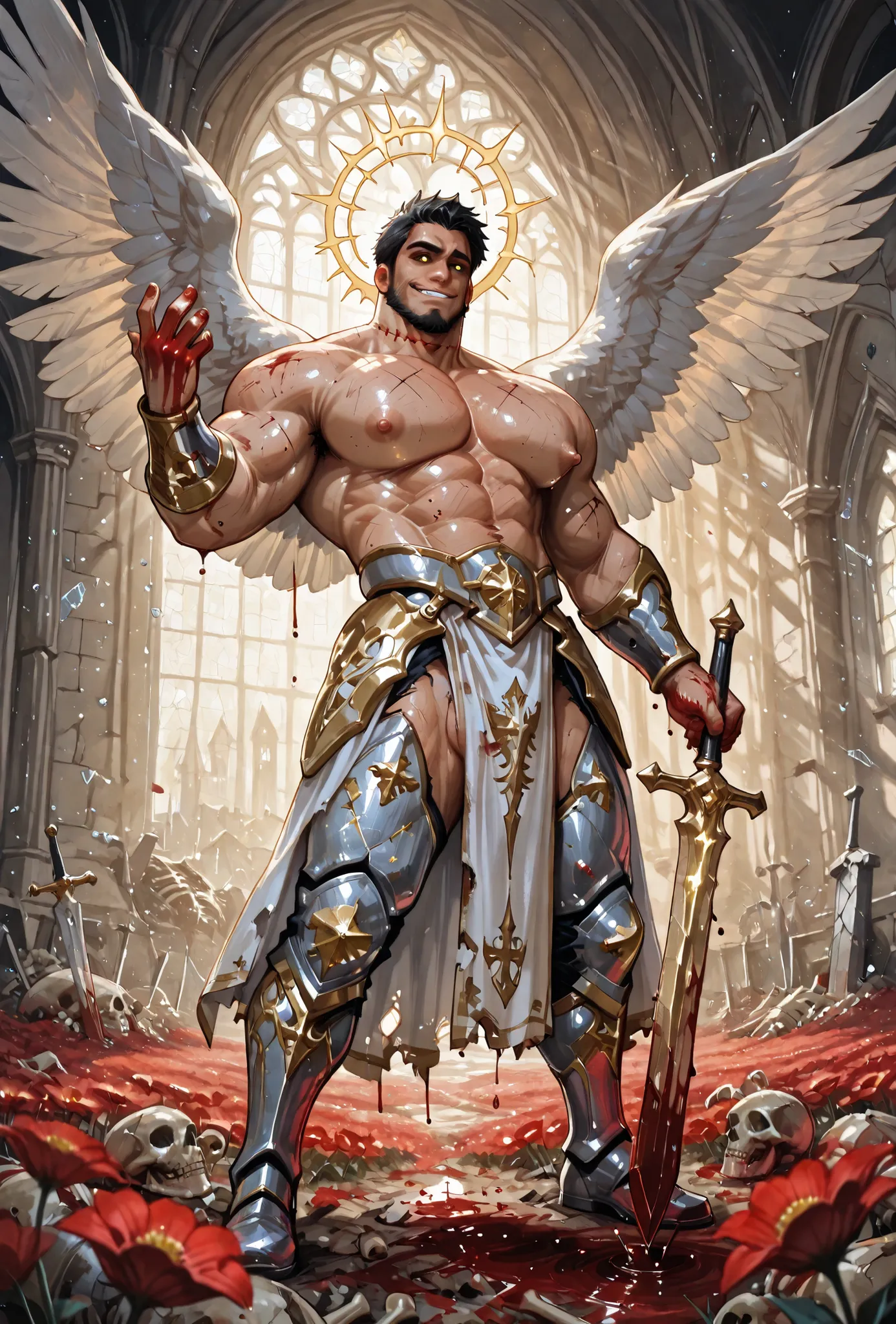 Traditional media, 1boy, muscular, bara, puffy nipples, yellow eyes, black sclera, black hair, short hair, chinstrap beard, mature male, manly, stitched neck, stitched arm, glowing halo, ornate gothic angel armor, angel wings, blood on hands, ripped torn w...