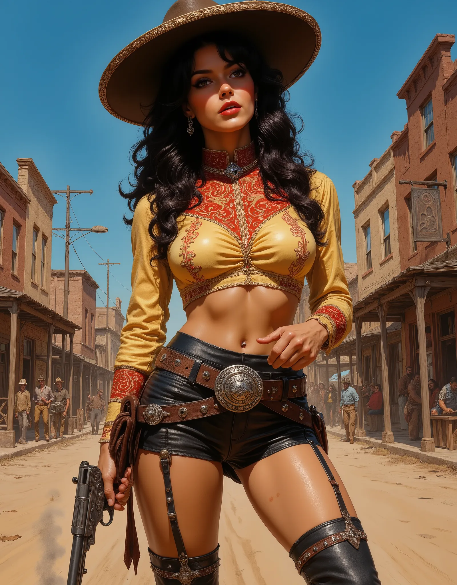 Depict a bold Spanish "pistolera" standing triumphantly in the dusty main street of old Laredo or El Paso at high noon. She has distinctively Latina features, wavy long black hair, She wears a striking black outfit that fuses traditional Mexican attire wit...