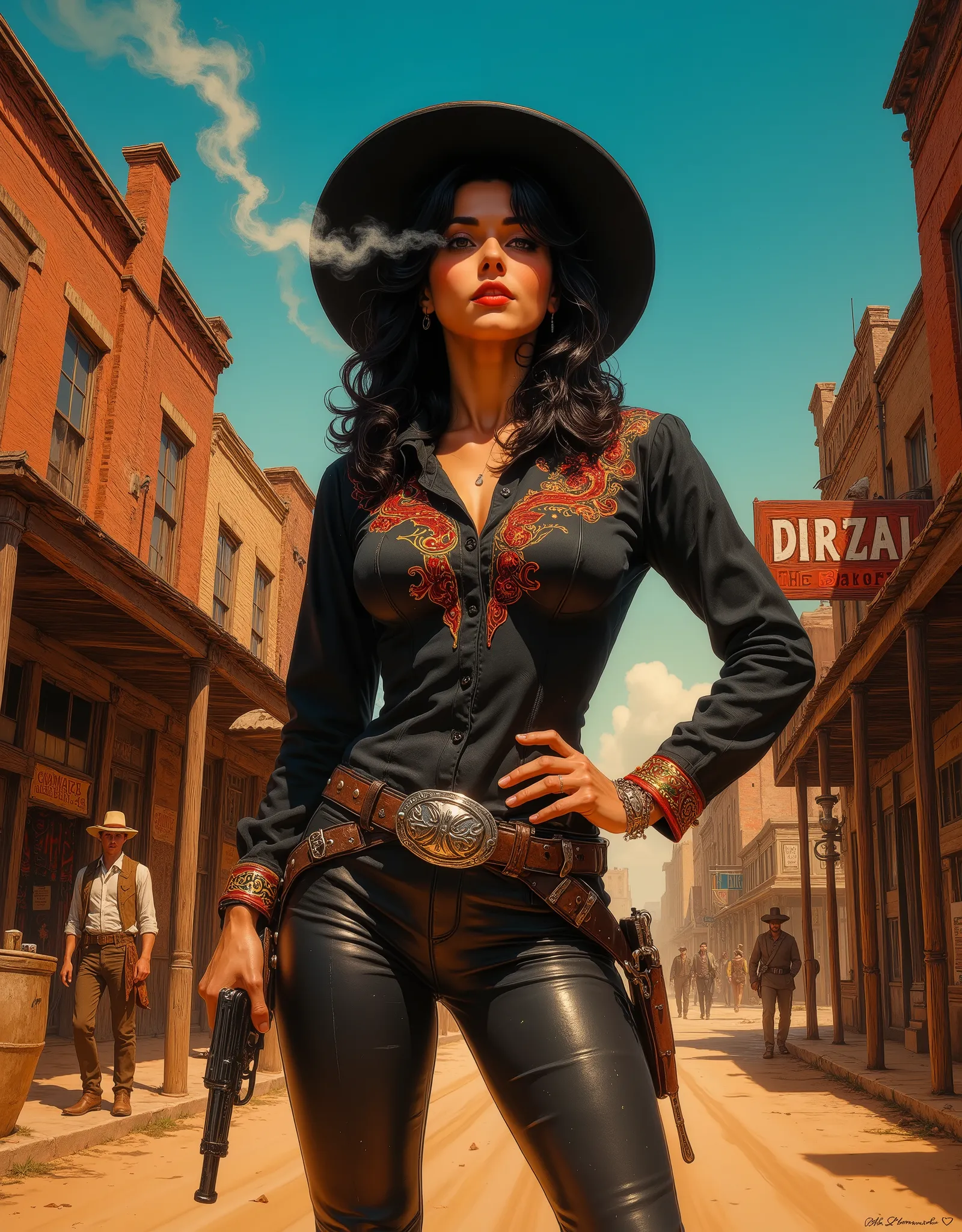 Depict a bold Spanish "pistolera" standing triumphantly in the dusty main street of old Laredo or El Paso at high noon. She has distinctively Latina features, wavy long black hair, She wears a striking black outfit that fuses traditional Mexican attire wit...