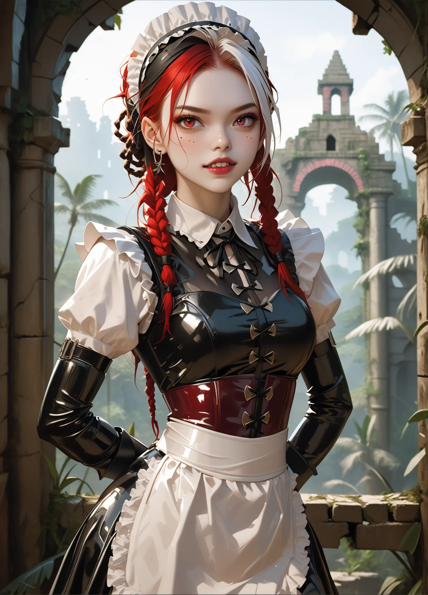 Curious expression. Slender body. Lean body-type. Marble-White skin. Cute 18-year-old Aztec and Indonesian girl with big Asian red eyes and unnaturally sharp teeth and dreadlocks (white and red hair). Intense red eyes. Sharp and shark-like teeth. She has a...