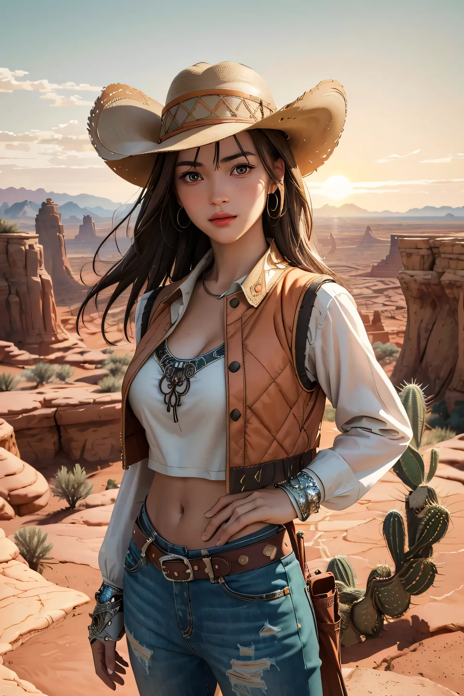 masterpiece, anime artwork, score_9_up, 1girl, 20yo Japanese woman with cowboy aesthetic, from an angle, upper body shot, cleavage, ((large breasts))
BREAK
(chestnut brown hair:1.2), straight long hair flowing in desert wind, cowboy hat with detailed text...