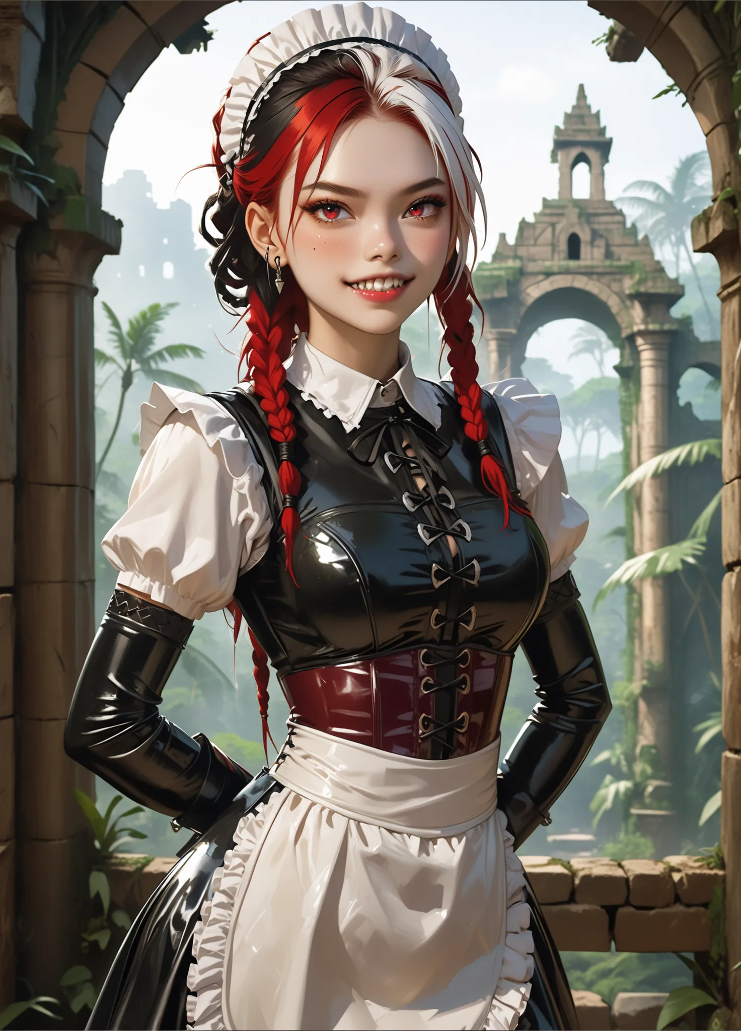 Curious expression. Slender body. Lean body-type. Marble-White skin. Cute 18-year-old Aztec and Indonesian girl with big Asian red eyes and unnaturally sharp teeth and dreadlocks (white and red hair). Intense red eyes. Sharp and shark-like teeth. She has a...