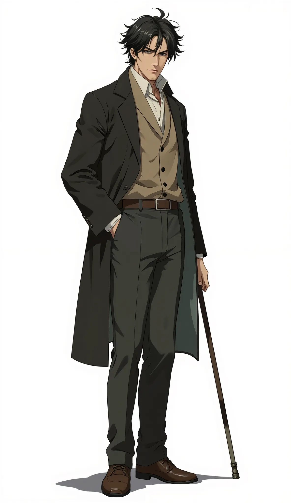 A disheveled Japanese man in his 30s from the Taisho era, a fallen former detective turned private investigator, now running an office in the backstreets of Ginza. He stands naturally with a cane in one hand, wearing a Taisho Roman-inspired outfit that ble...