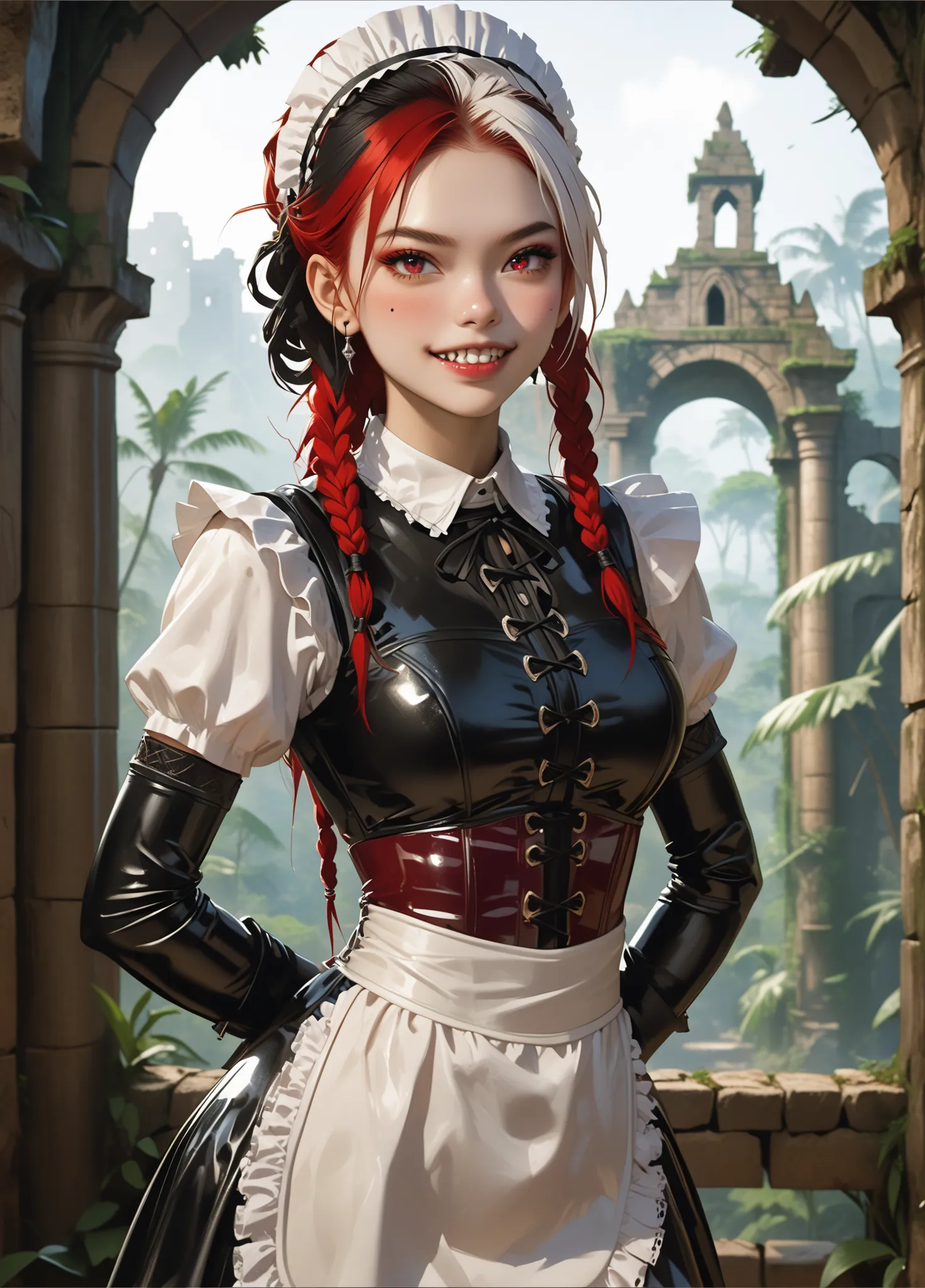 Curious expression. Slender body. Lean body-type. Marble-White skin. Cute 18-year-old Aztec and Indonesian girl with big Asian red eyes and unnaturally sharp teeth and dreadlocks (white and red hair). Intense red eyes. Sharp and shark-like teeth. She has a...