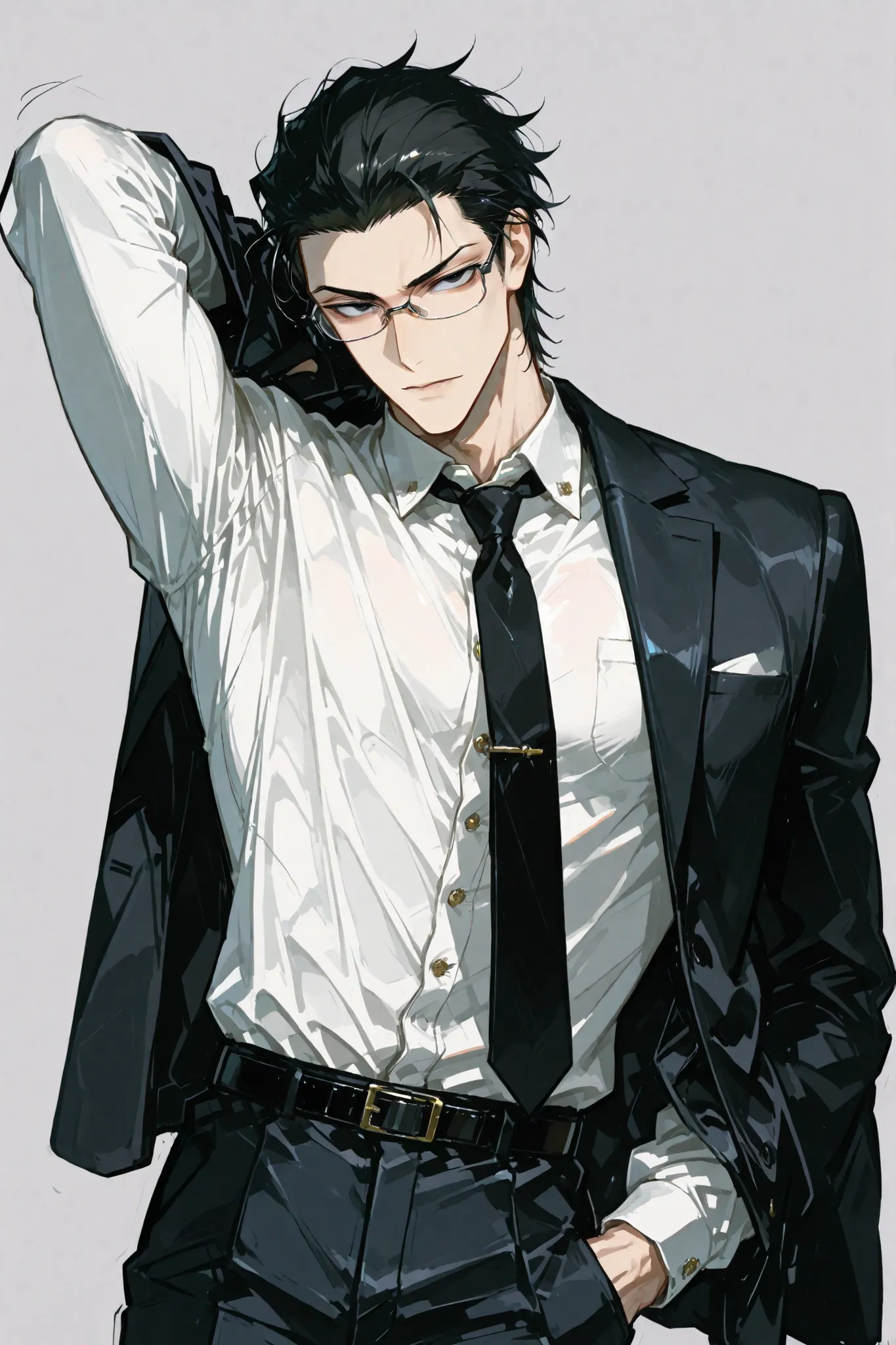 handsome tall man, male, late 20s, short black hair, black eyes, glasses, Japanese, slender athletic build with subtle muscle, seductive and provocative expression, mid-action pose, boldly swinging on a suit jacket with dynamic motion, one arm raised high ...