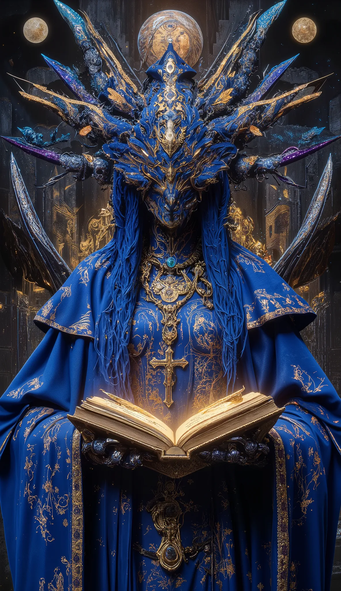 Surreal Painting,  An extravagant, mysterious female figure dressed in intricately embroidered cobalt blue medieval clothing that fits her form perfectly , A jeweled rosary necklace with a large crucifix rests on her shoulder,Allusions to a historical or r...