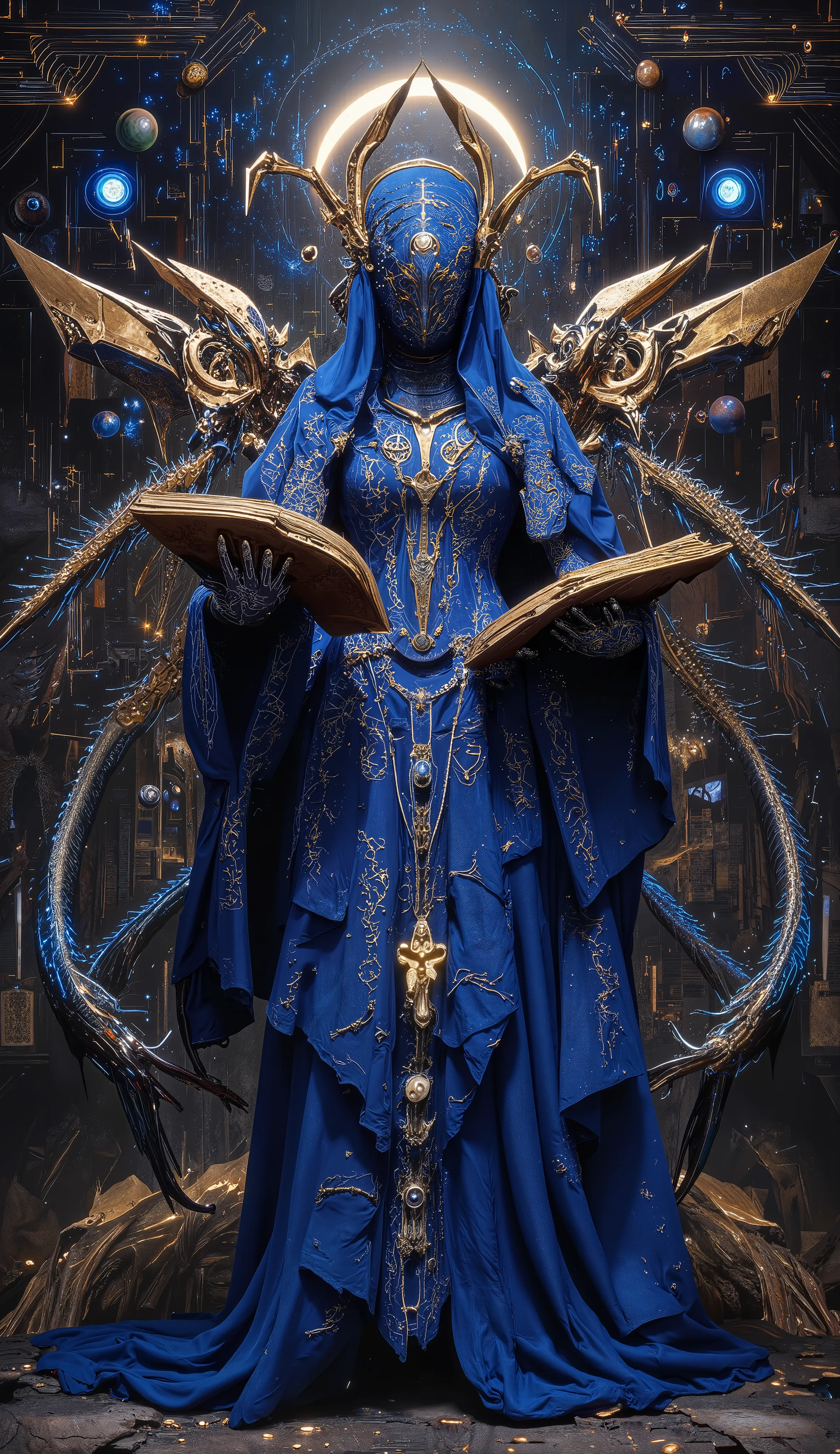 Surreal Painting,  An extravagant, mysterious female figure dressed in intricately embroidered cobalt blue medieval clothing that fits her form perfectly , A jeweled rosary necklace with a large crucifix rests on her shoulder,Allusions to a historical or r...