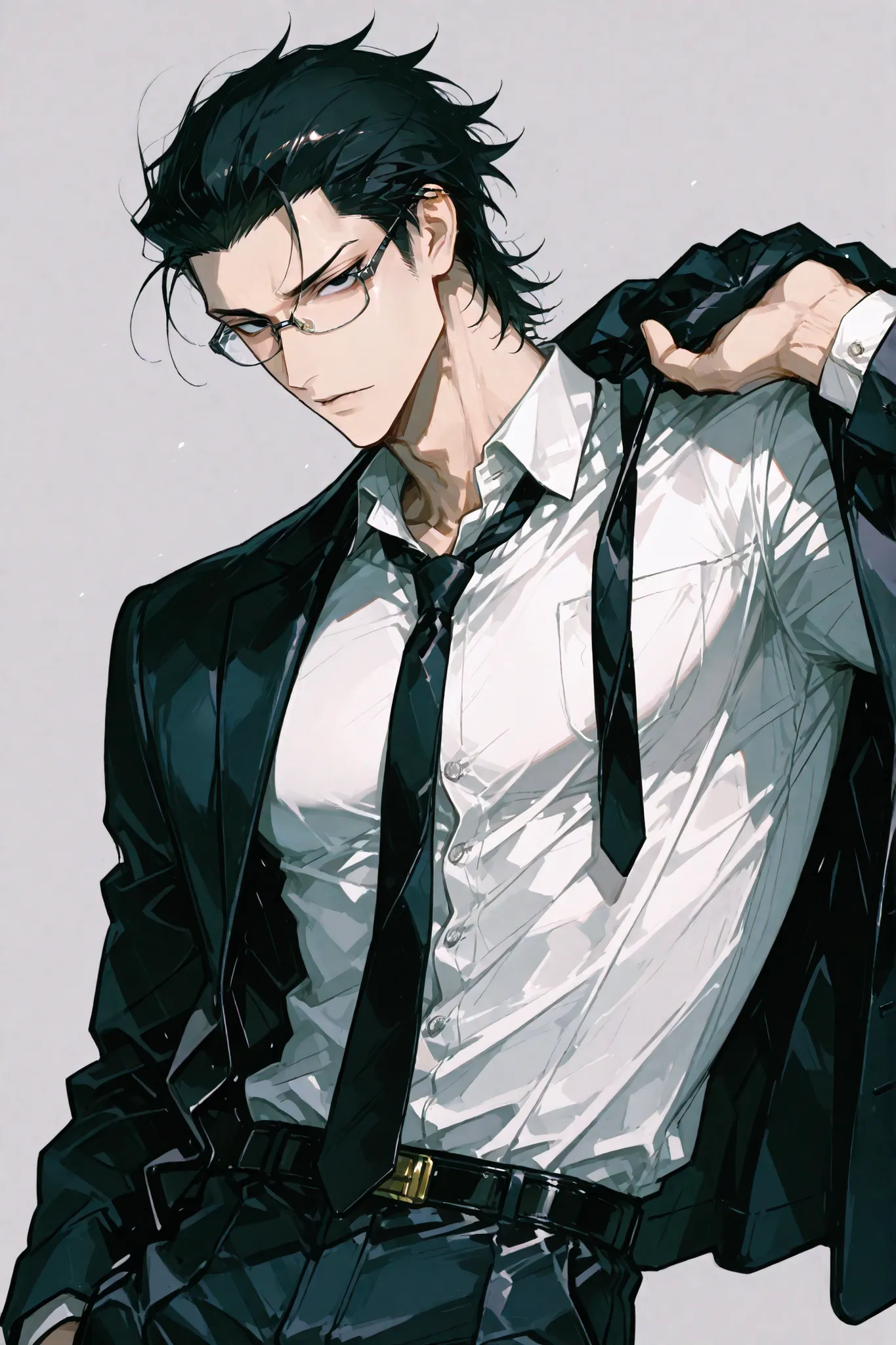 handsome tall man, male, late 20s, short black hair, black eyes, glasses, Japanese, slender athletic build with subtle muscle, seductive and provocative expression, mid-action pose, boldly swinging on a suit jacket with dynamic motion, one arm raised high ...