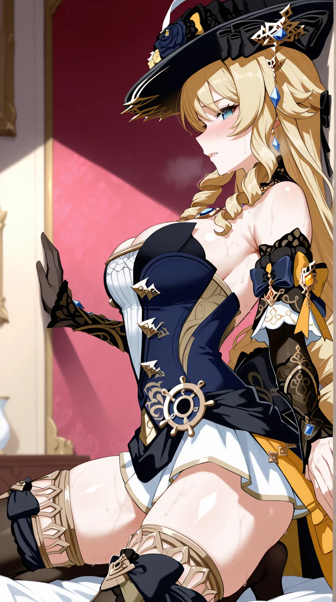 score_9,score_8_up,score_7_up,1 Female, solo,large_, vision_\(genshin_impact\),  absurdres, highres, Navia_\(genshin_impact\), looking_at_viewer,(Spreading Legs),Kneeling on the Bed,(Her hand hold the Wall),(In Royal luxurious bedroom),Torogao,blush,Shiny ...