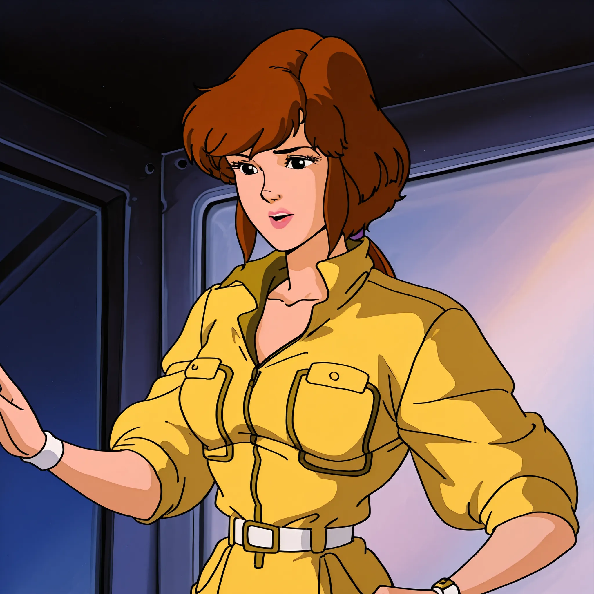  AprilONeil, 1girl, 1980s (style), retro artstyle, brown hair, short hair, belt, jumpsuit, black eyes, wristband
