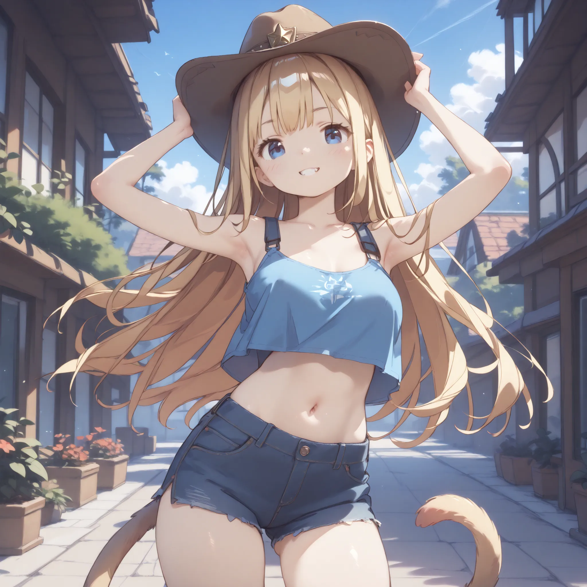 High Definition、High Quality、8k、4k、1 girl、Little girl、young、 immature body、Beautiful girl、big boobs、long hair、Blonde、Blue Eyes、Cat ears、cat tail、cowboy fashion、cowboy hat、tank top、cowboy shot with white thong、Good、white teeth、proud、standing with arms cross...