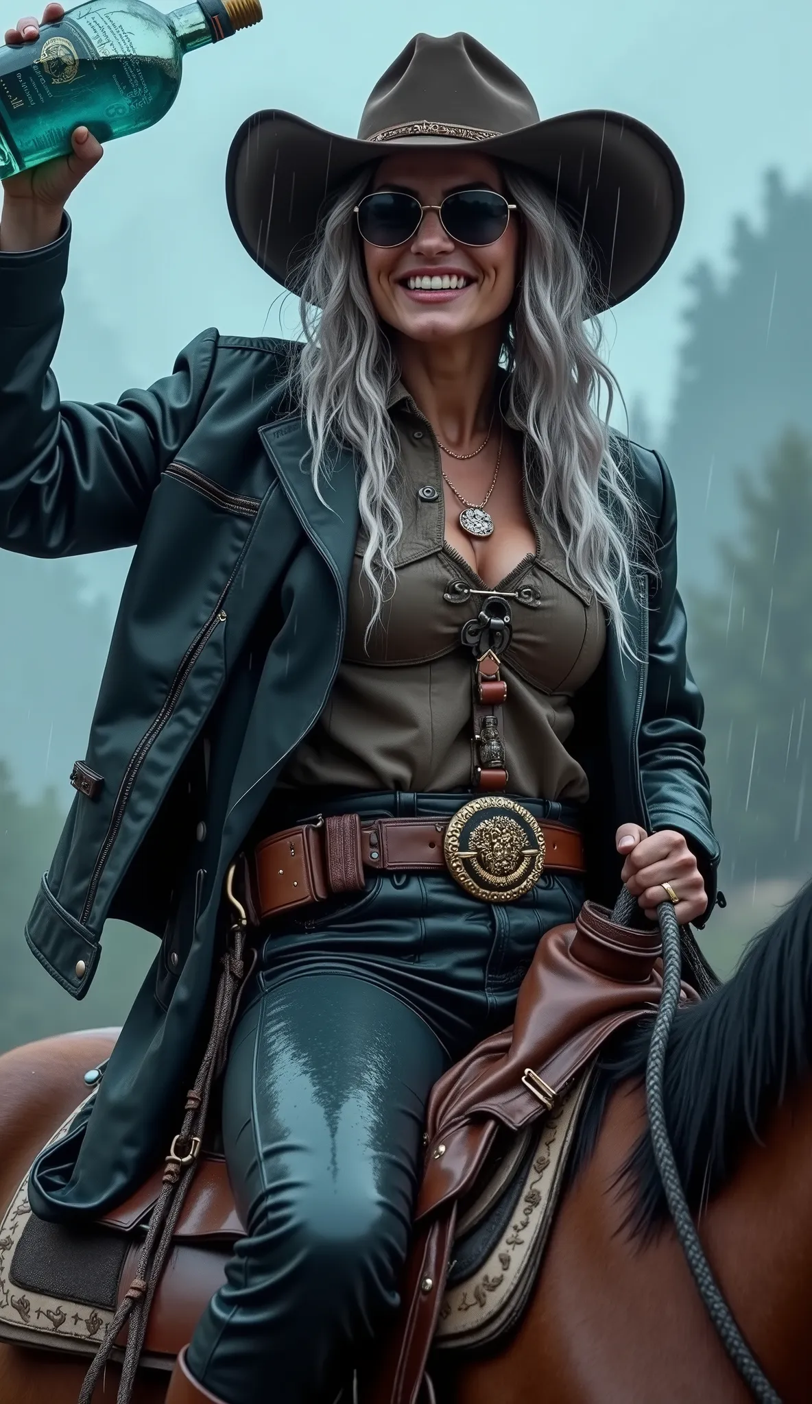 (Sexy Cowboy), American TV show Yellowstone, Beth Dutton, the eldest daughter of the Dutton family, (wearing sunglasses and a big cowboy hat in the middle of a rainstorm), (grinning evilly as she rides around on horseback with a huge bottle of blue whiskey...