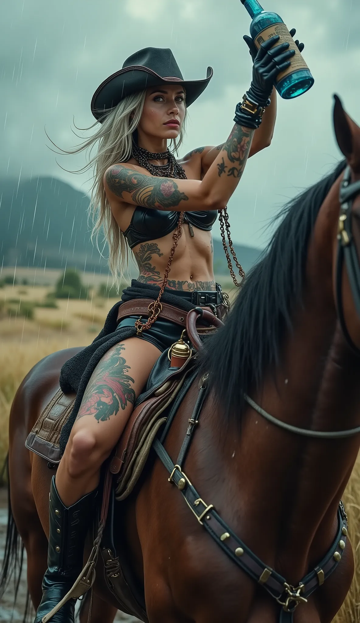 (Sexy Cowboy), American TV show Yellowstone, Beth Dutton, the eldest daughter of the Dutton family, (wearing sunglasses and a big cowboy hat in a rainstorm), (shouting madly and riding wildly on horseback with a huge bottle of blue whiskey held high in the...