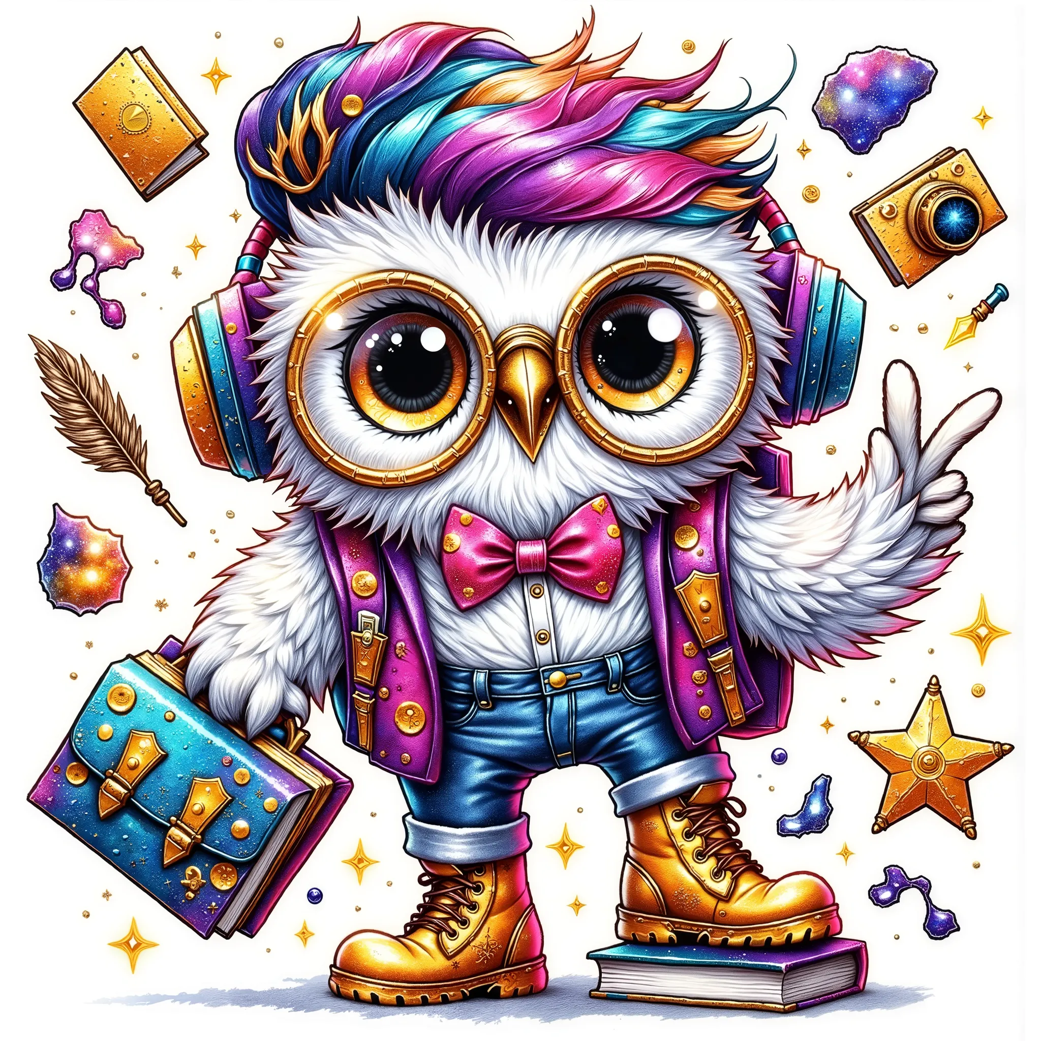 ((((smlstxtr)))) (EMBOSSED TEXTURED extremally detailed hi-rez, IDEAL SILK GLOSSING REALISTIC HAIRS: 1.5) a quirky crazy happy expressive emotions by pixarand Zootopia,glossing vibrant vivid, color-metallicgoldlines-inkblacklines, watercolor with clear con...