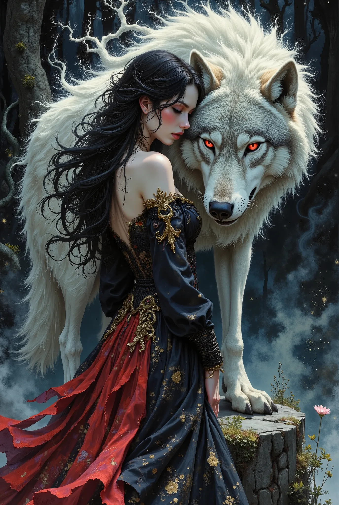 A beautiful hyper-detailed gothic-romantic digital painting depicting a mystical and mesmerizing scene. In the center is a young woman with pale skin and long dark hair, dressed in a flowing black and red dress decorated with gold inserts. She stands with ...