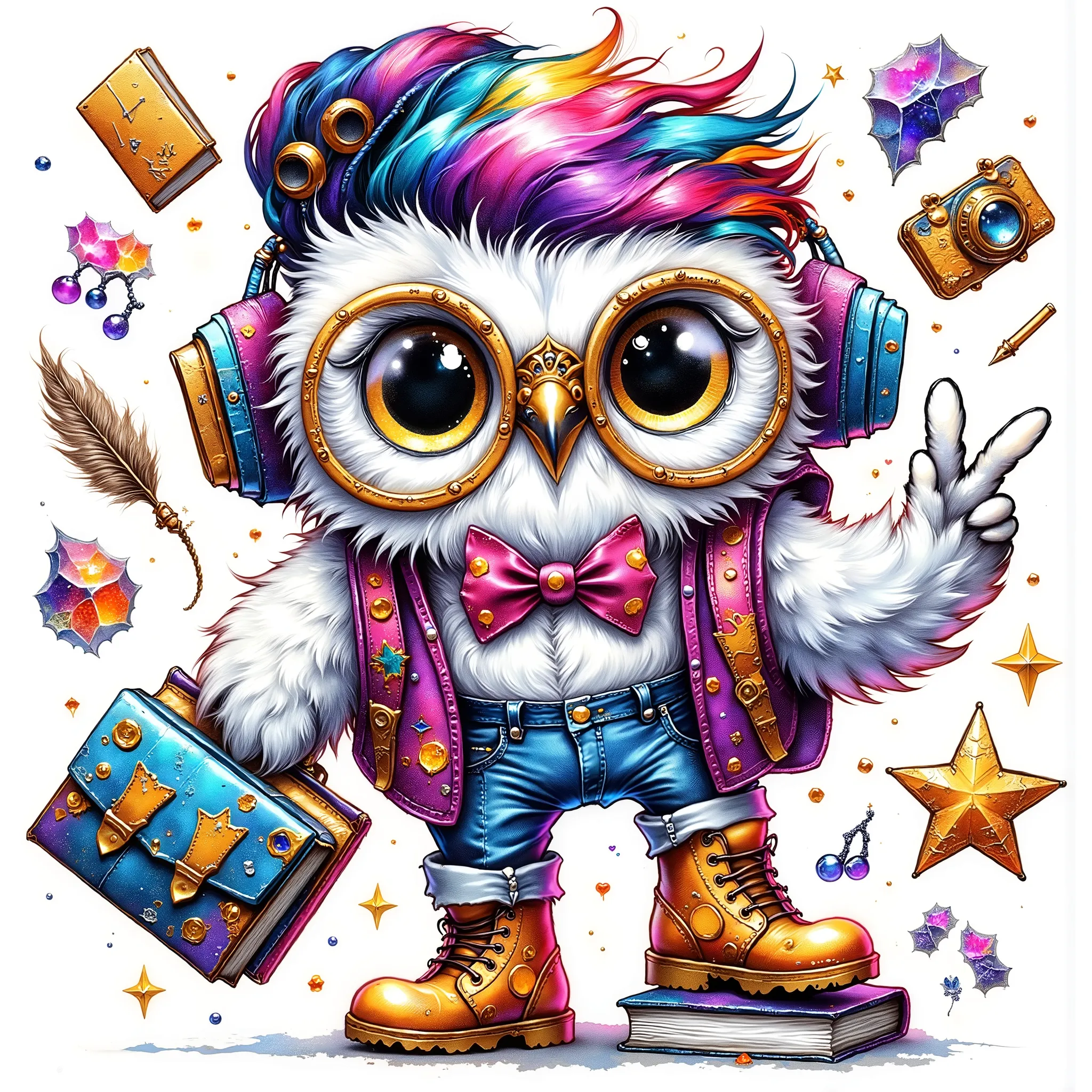 ((((smlstxtr)))) (EMBOSSED TEXTURED extremally detailed hi-rez, IDEAL SILK GLOSSING REALISTIC HAIRS: 1.5) a quirky crazy happy expressive emotions by pixarand Zootopia,glossing vibrant vivid, color-metallicgoldlines-inkblacklines, watercolor with clear con...