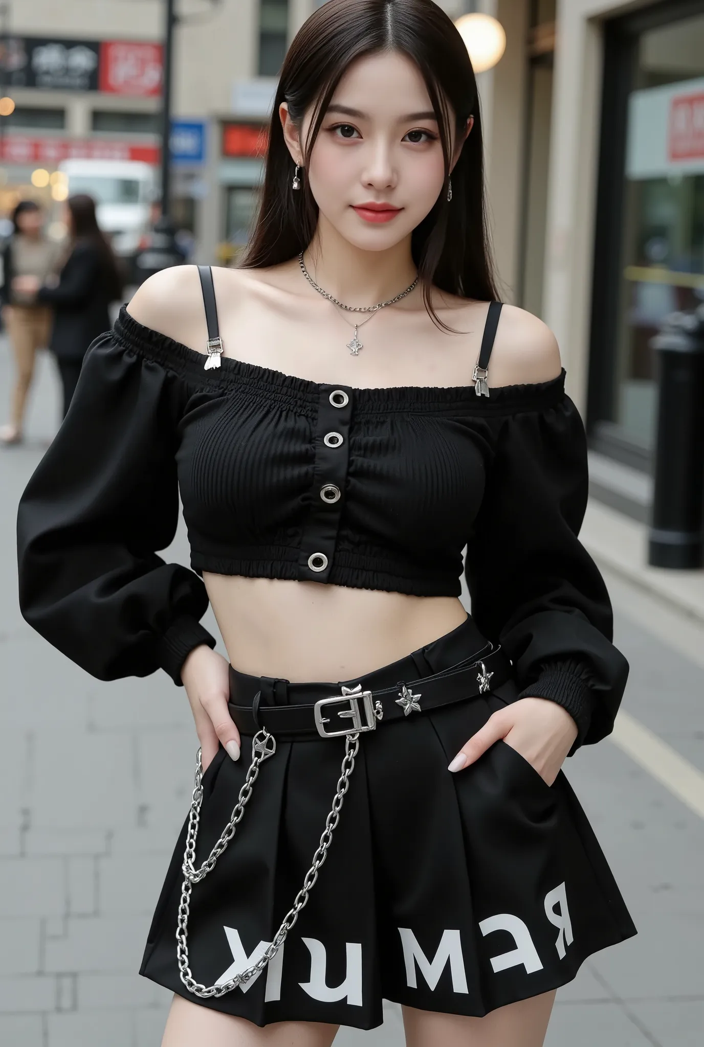 (((Masterpiece, ultra detailed, ultra quality, 8K, Photo-realistic))), A fashionable young woman posing confidently in edgy gothic streetwear. ((She wears a black off-shoulder crop top with smocked fabric and puffed long sleeves, paired with a high-waisted...