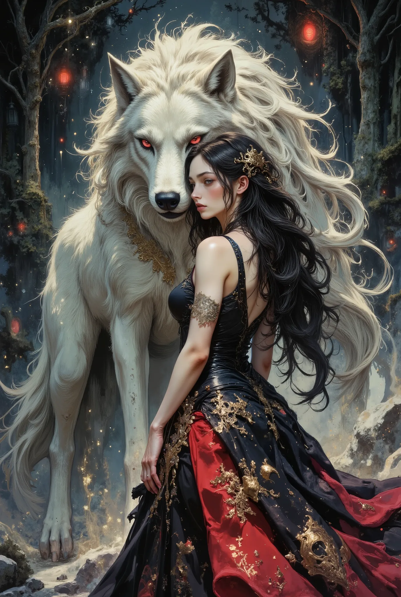 A beautiful hyper-detailed gothic-romantic digital painting depicting a mystical and mesmerizing scene. In the center is a young woman with pale skin and long dark hair, dressed in a flowing black and red dress decorated with gold inserts. She stands with ...