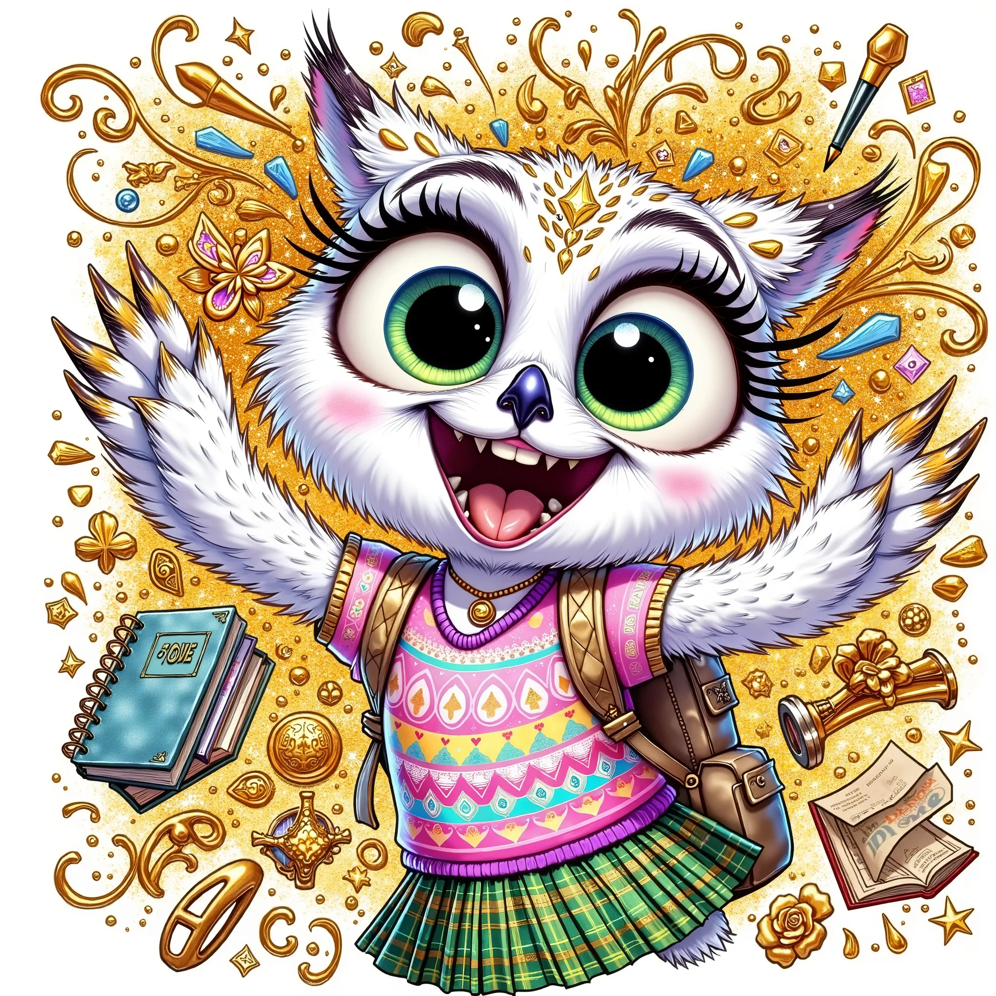 ((((smlstxtr)))) (EMBOSSED TEXTURED extremally detailed hi-rez, IDEAL SILK GLOSSING REALISTIC HAIRS: 1.5) a quirky crazy happy expressive emotions by pixarand Zootopia,glossing vibrant vivid, color-metallicgoldlines-inkblacklines, watercolor with clear con...