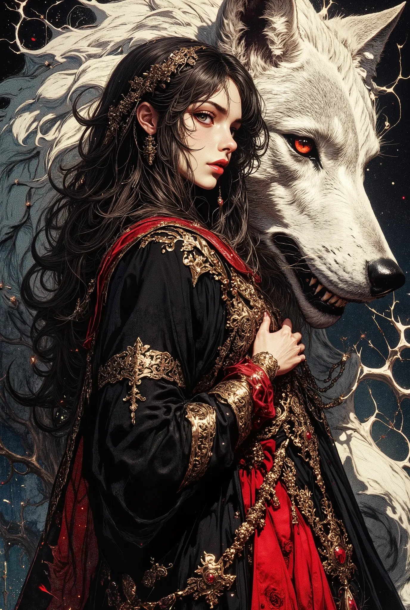 A beautiful hyper-detailed gothic-romantic digital painting depicting a mystical and mesmerizing scene. In the center is a young woman with pale skin and long dark hair, dressed in a flowing black and red dress decorated with gold inserts. She stands with ...