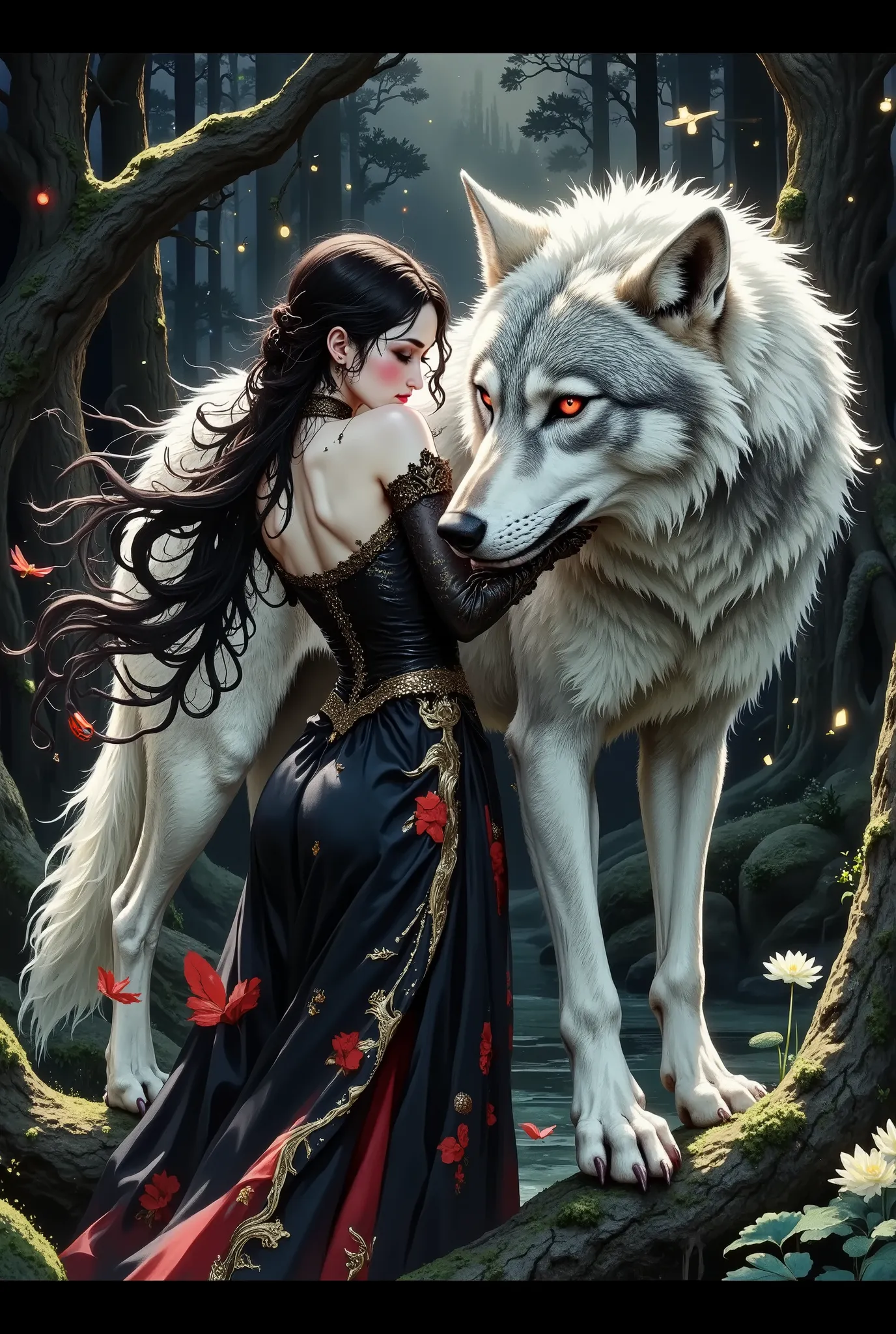 A beautiful hyper-detailed gothic-romantic digital painting depicting a mystical and mesmerizing scene. In the center is a young woman with pale skin and long dark hair, dressed in a flowing black and red dress decorated with gold inserts. She stands with ...