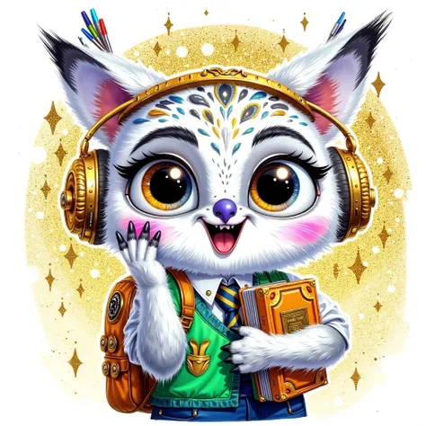 ((((smlstxtr)))) (EMBOSSED TEXTURED extremally detailed hi-rez, IDEAL SILK GLOSSING REALISTIC HAIRS: 1.5) a quirky crazy happy expressive emotions by pixarand Zootopia,glossing vibrant vivid, color-metallicgoldlines-inkblacklines, watercolor with clear con...