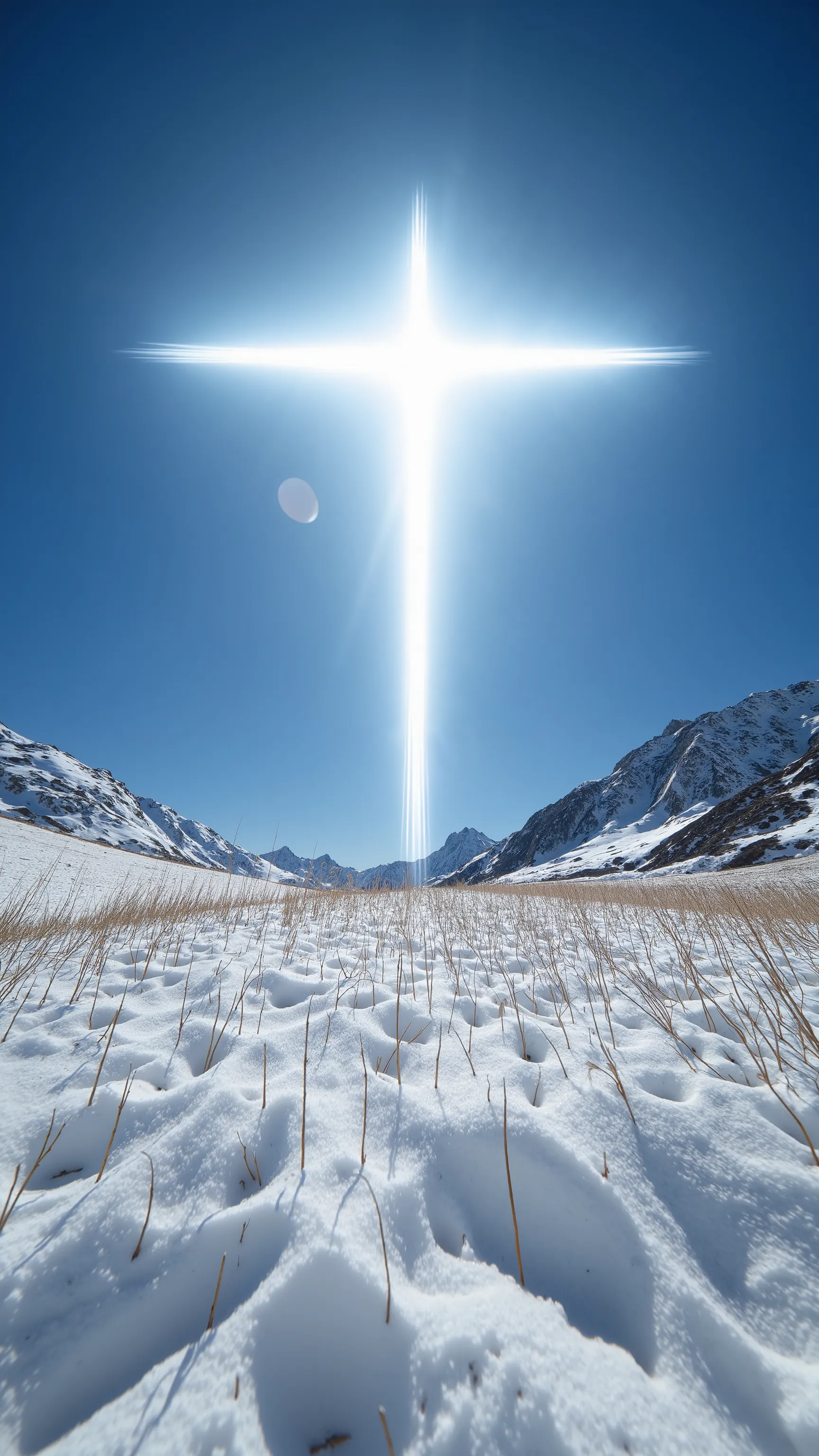 low-angle view / worm’s-eye view.Closeup of a Snowy Field Focus on the Ground、The light soaring in the sky is like a cross、masterpiece、Documentary Footage、
現実的The extreme low-angle shot, from below,fish eye lens,Utilizing natural light to highlight feature...