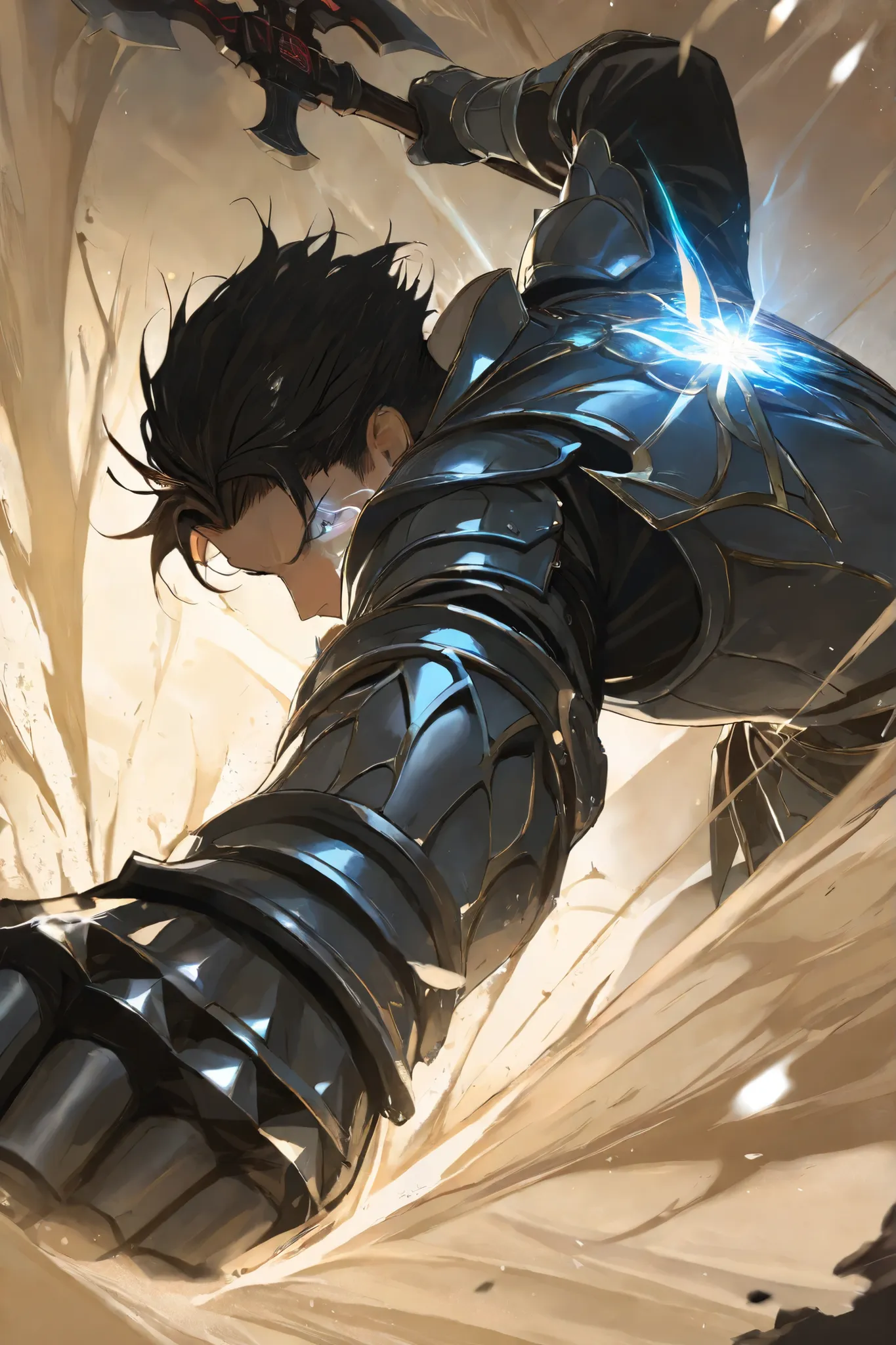masterpiece, best quality,1 boy ,best quality,heroic pose,dynamic angle,dynamic background,with epic effect, high angle shot,like CCTV footage, outward flow of magic or particles,sand & rock effect,face clearly visible, character illuminated from within,bi...