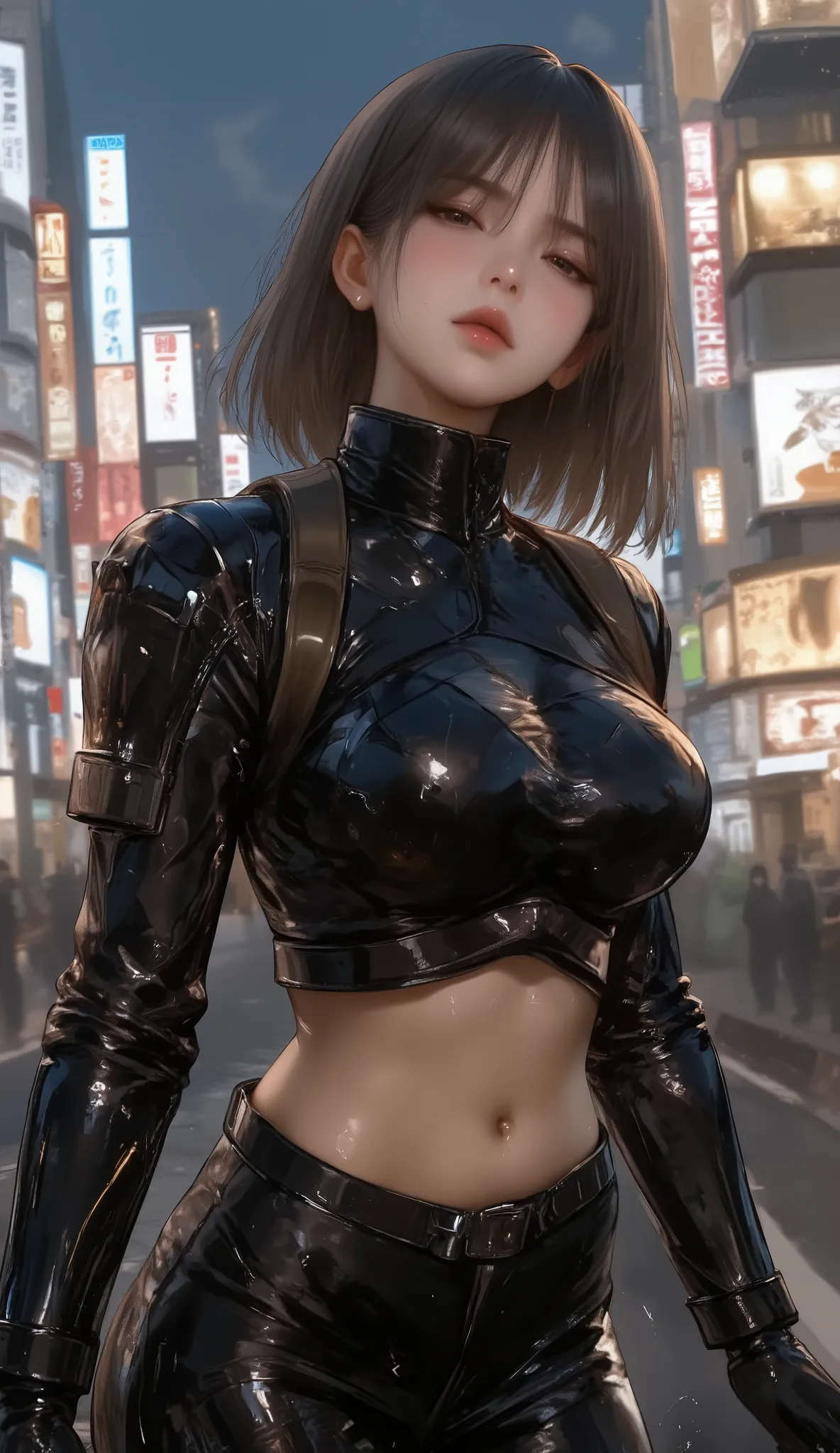 Full body portrait cute of beautiful slender Young Japanese girl, Realistic skin texture, Moderate mole, head tilt, broad smile, one eye closed, open mouth wide, midriff, beautiful sci - fi armored, Tactical Bodysuit, Holding a gun at a shibuya intersectio...