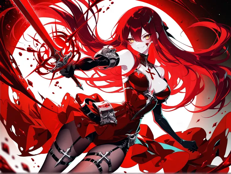 1 girl, Ryu Shana, burgundy hair, very long hair, half-updo, hair between eyes, long sidelocks, golden eyes, medium breasts, petite, curvy, very cute,
empty eyes, black gloves, red dress, elbow gloves, clevage, garter straps, thigh strap, ((asymetrical c...