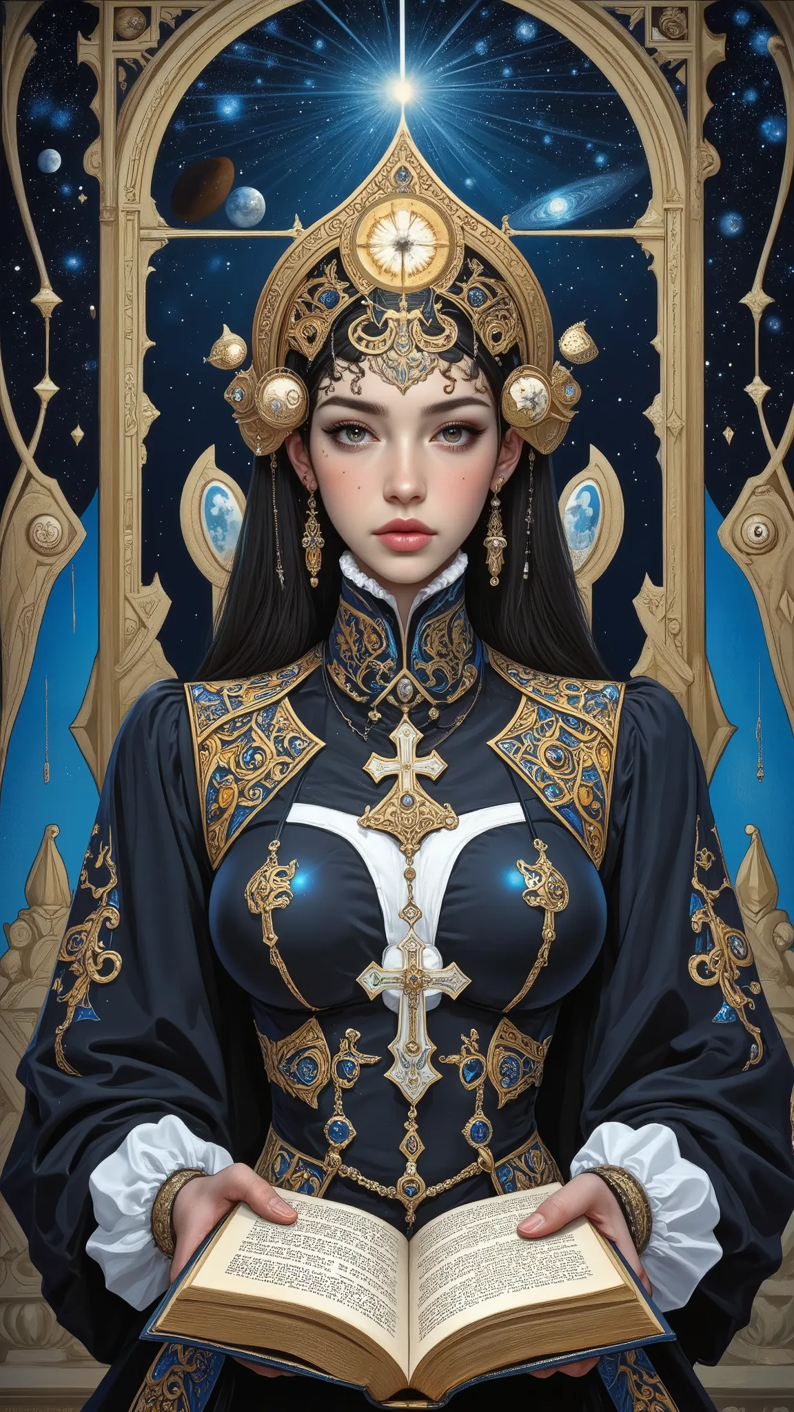 Surreal Painting,  An extravagant, mysterious female figure dressed in intricately embroidered black and white and blue medieval clothing that fits her form perfectly , A jeweled rosary necklace with a large crucifix rests on her shoulder,Allusions to a hi...