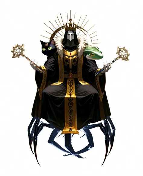 (Solomon 72 Pillar Devil Bael,King of Middle Eastern Style,A stick in both hands,Spider feet,Cat's Head on Shoulder,Frog Head on Shoulder,Full Body,front),score_9, score_8_up, score_7_up, top quality, masterpiece ,details,real