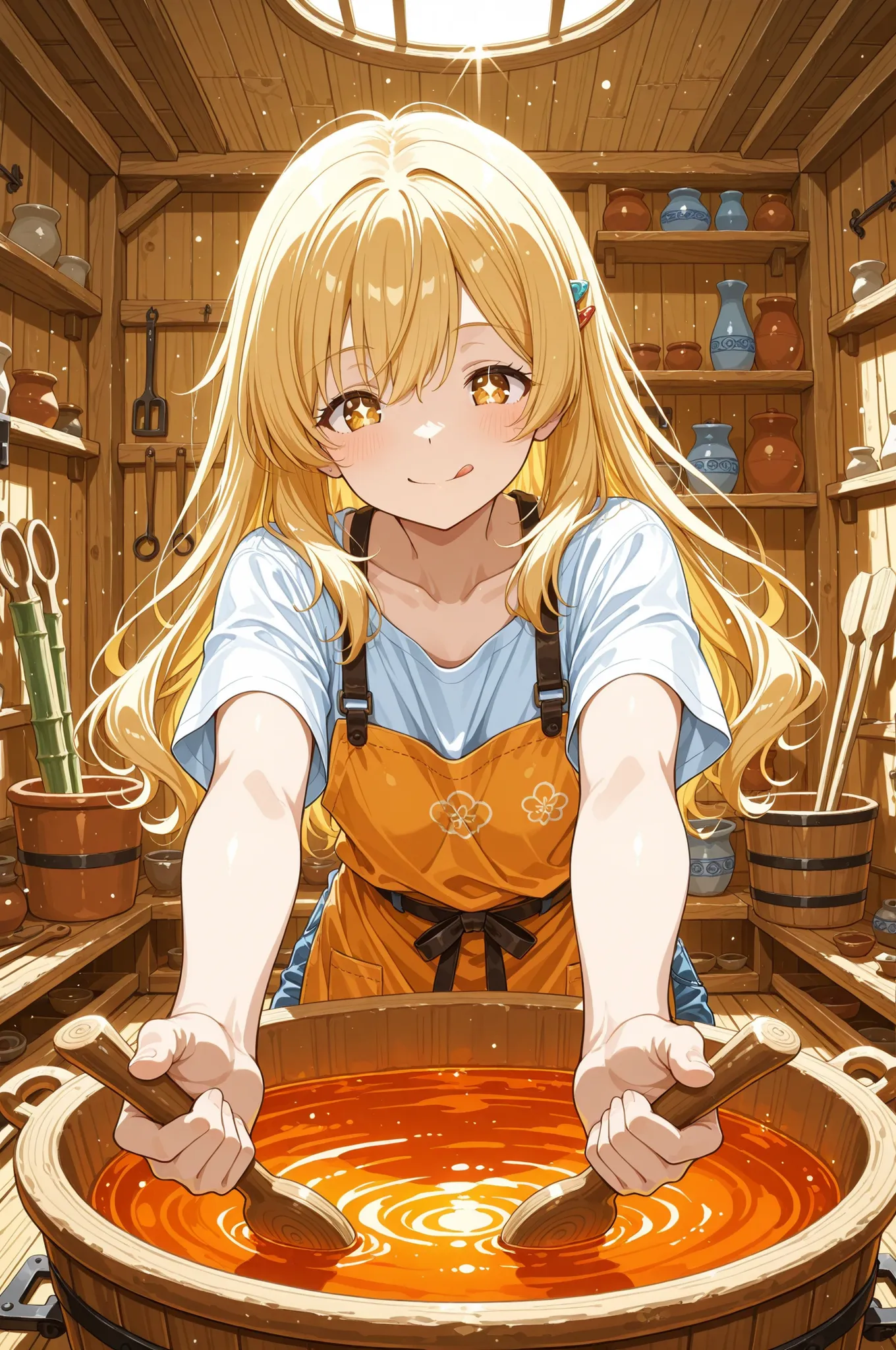 pottery_class_scene:
  base: masterpiece, anime artwork, score_9_up, 1girl, 20yo Japanese woman, from an angle, upper body shot, detailed flat anime style
  BREAK
  hair: (golden blonde hair:1.3), straight long hair tied back with ceramic hair clip, loose ...