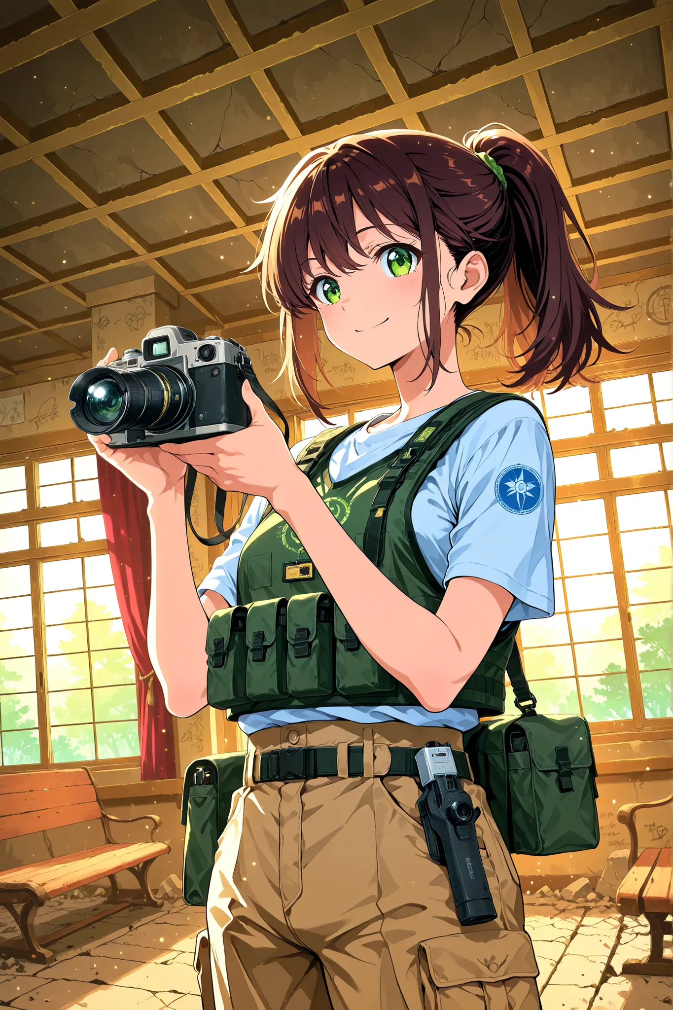 urban_exploration_documentation_scene:
base: masterpiece, anime artwork, score_9_up, 1girl, 20yo Japanese woman, from an angle, upper body shot, detailed flat anime style
BREAK
hair: (chestnut brown hair:1.3), ponytail with dust particles and debris ...