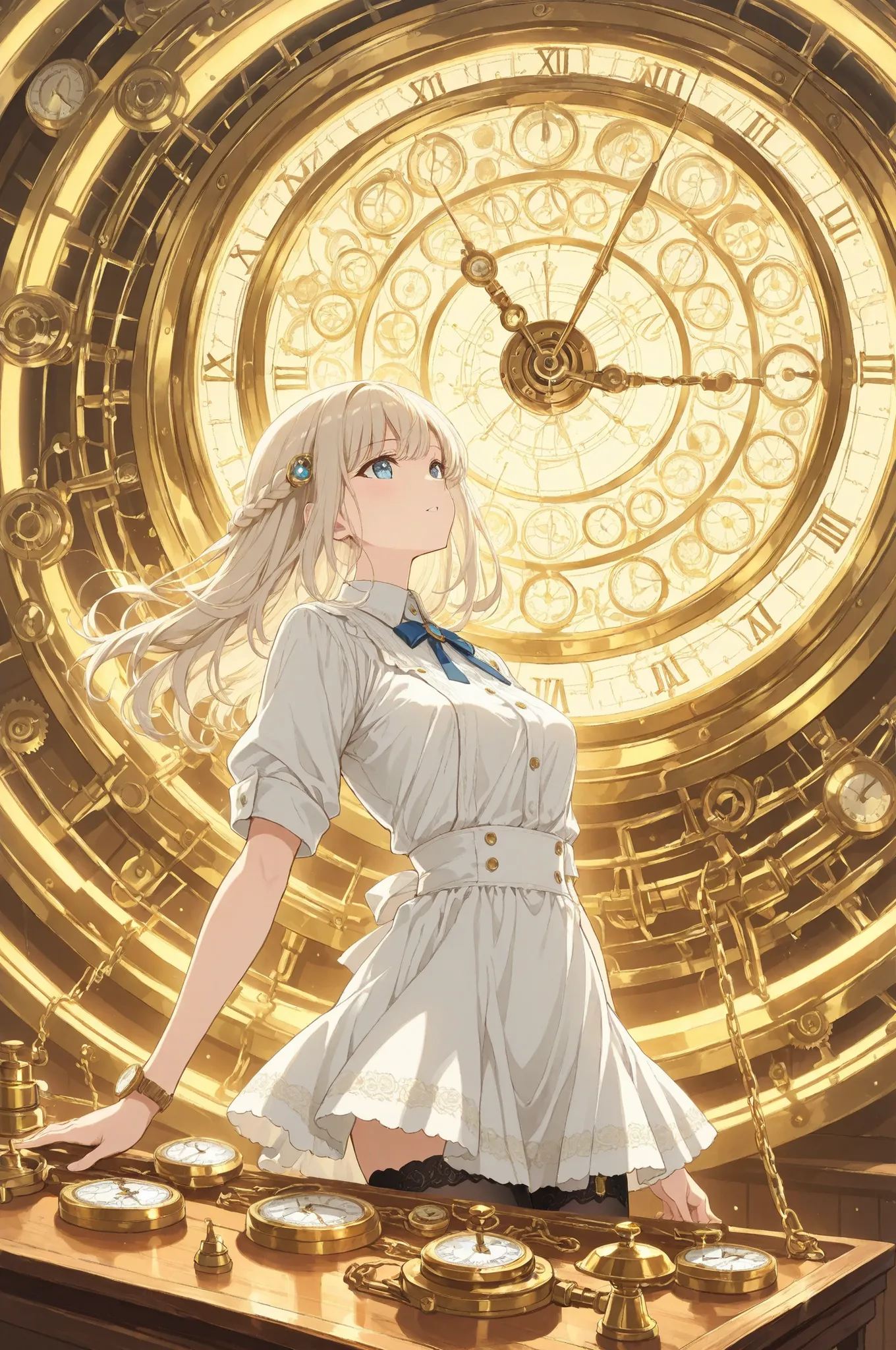 antique_timepiece_dissection_scene:
  base: masterpiece, anime artwork, score_9_up, 1girl, 20yo Japanese woman, from an angle, upper body shot, detailed flat anime style
  BREAK
  hair: (platinum blonde hair:1.3), curly vintage-inspired styling with precis...