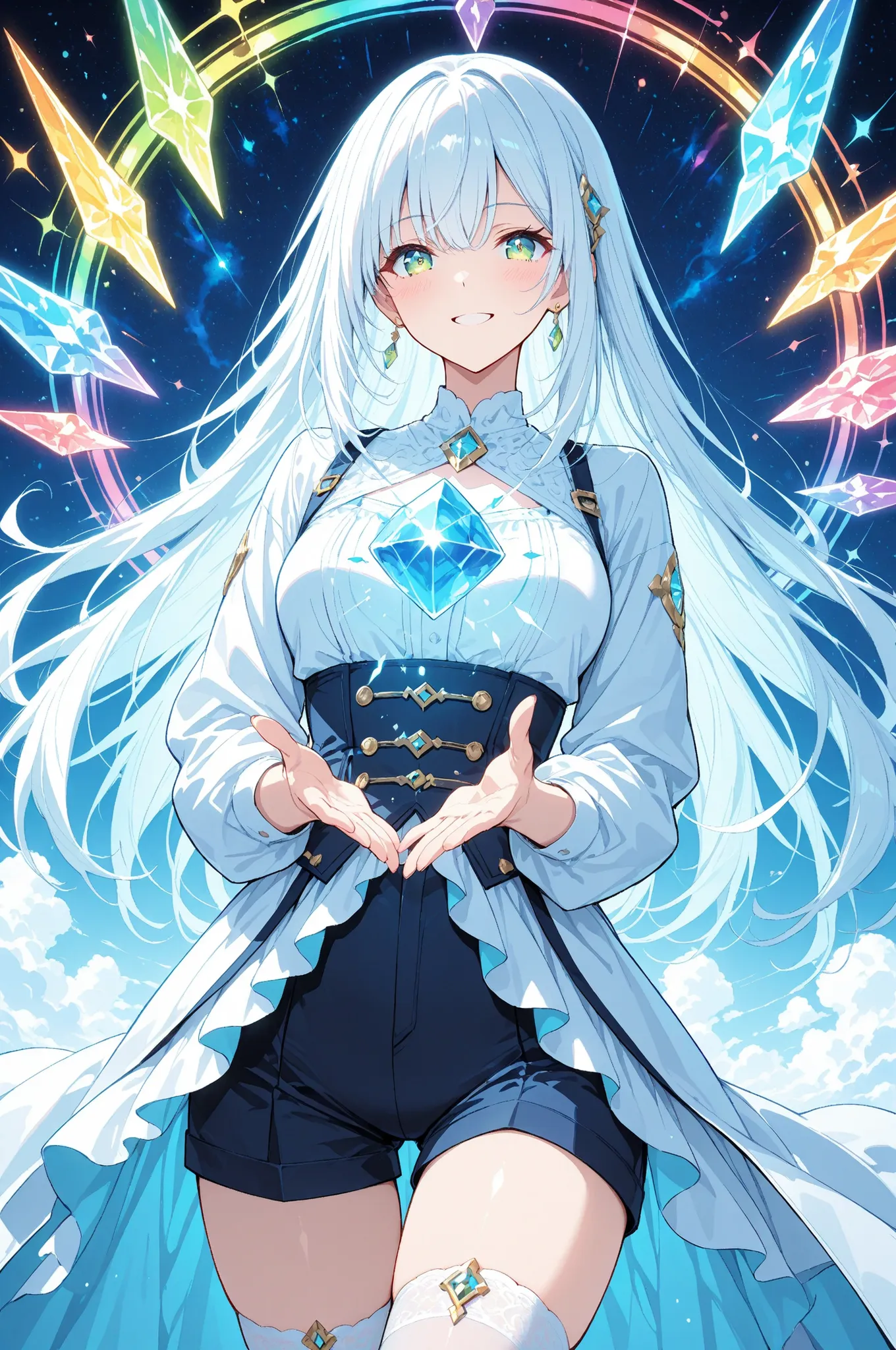 emotion_chromatics_studio_scene:
base: masterpiece, anime artwork, score_9_up, 1girl, 20yo Japanese woman, from an angle, upper body shot, detailed flat anime style
BREAK
hair: (pure white hair:1.3), straight long hair that changes color reflecting c...