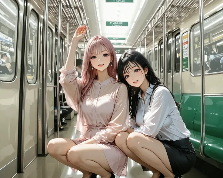 2girl,(glamorous), squatting,arm up,office lady,long hair,black hair,pink hair,clear makeup,subway ,happy