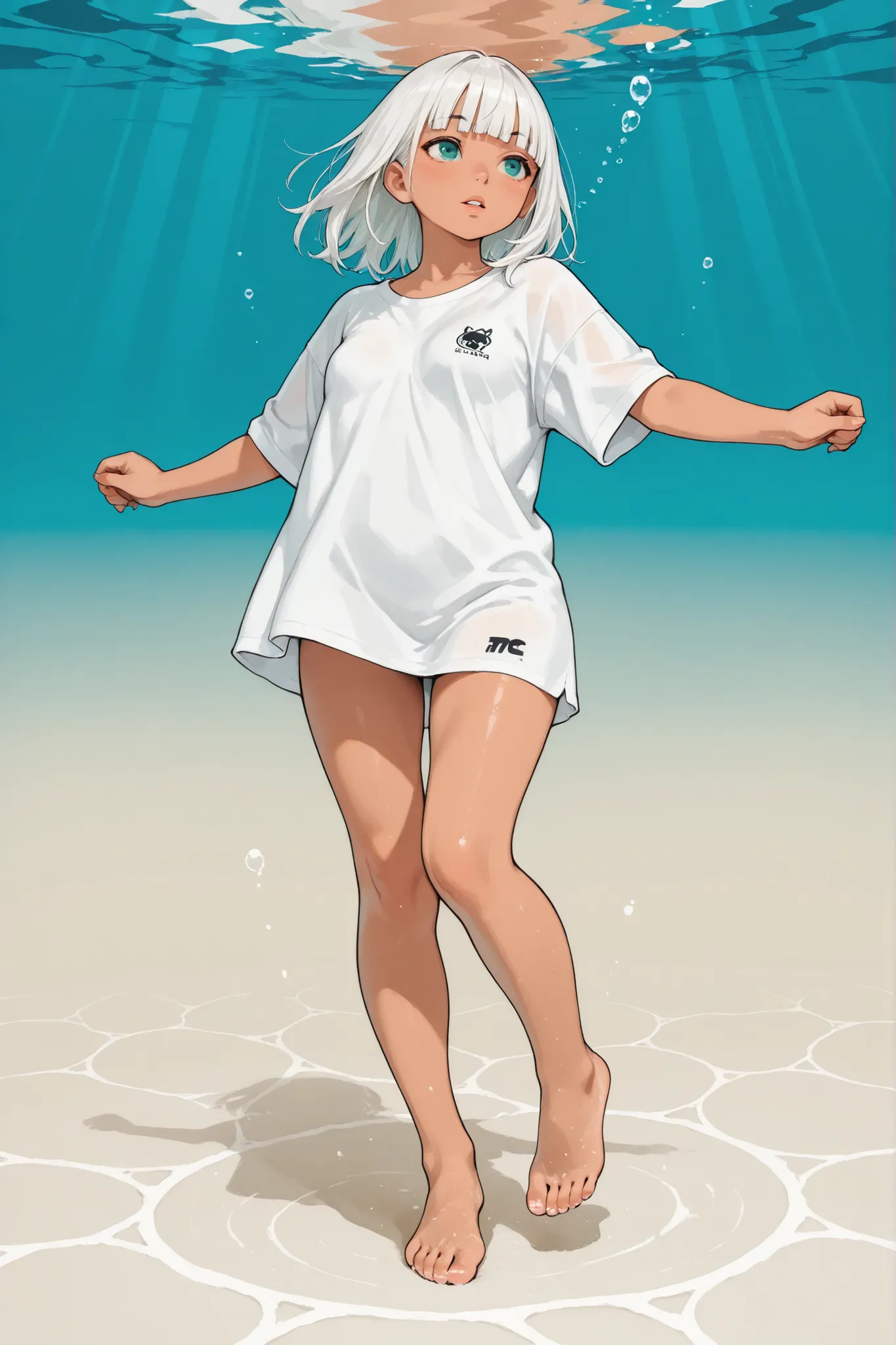 1 girl,Super Detailed,absolute resolution,(tanned skin:0.5),(dynamic angles),portrait,(pinup),Dancing,full body,oversized white long T-shirt,,Bare Foot,detailed and beautiful face and eyes,big aqua eyes,(Bulbous Nose:0.4),Japanese girl,[healthy body],Short...