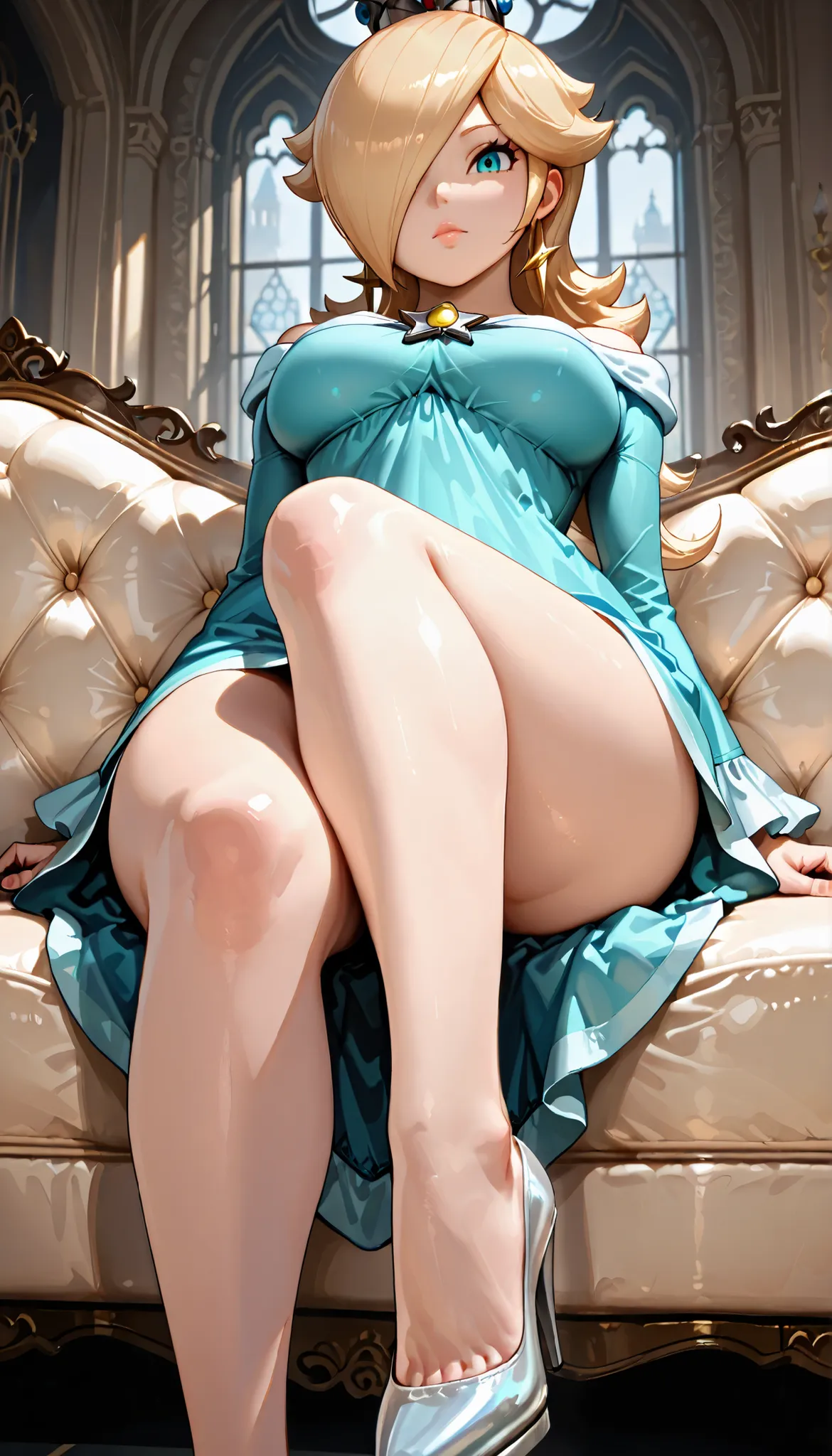  safe for work, Rosalina, 1girl, solo, blonde hair, crown on head, glossy bright blue eyes, doll like eyes, slender build, thick thighs, stunning legs, legs slightly apart, view focused on legs and thighs , small frame, medium sized breasts, blue dress wit...
