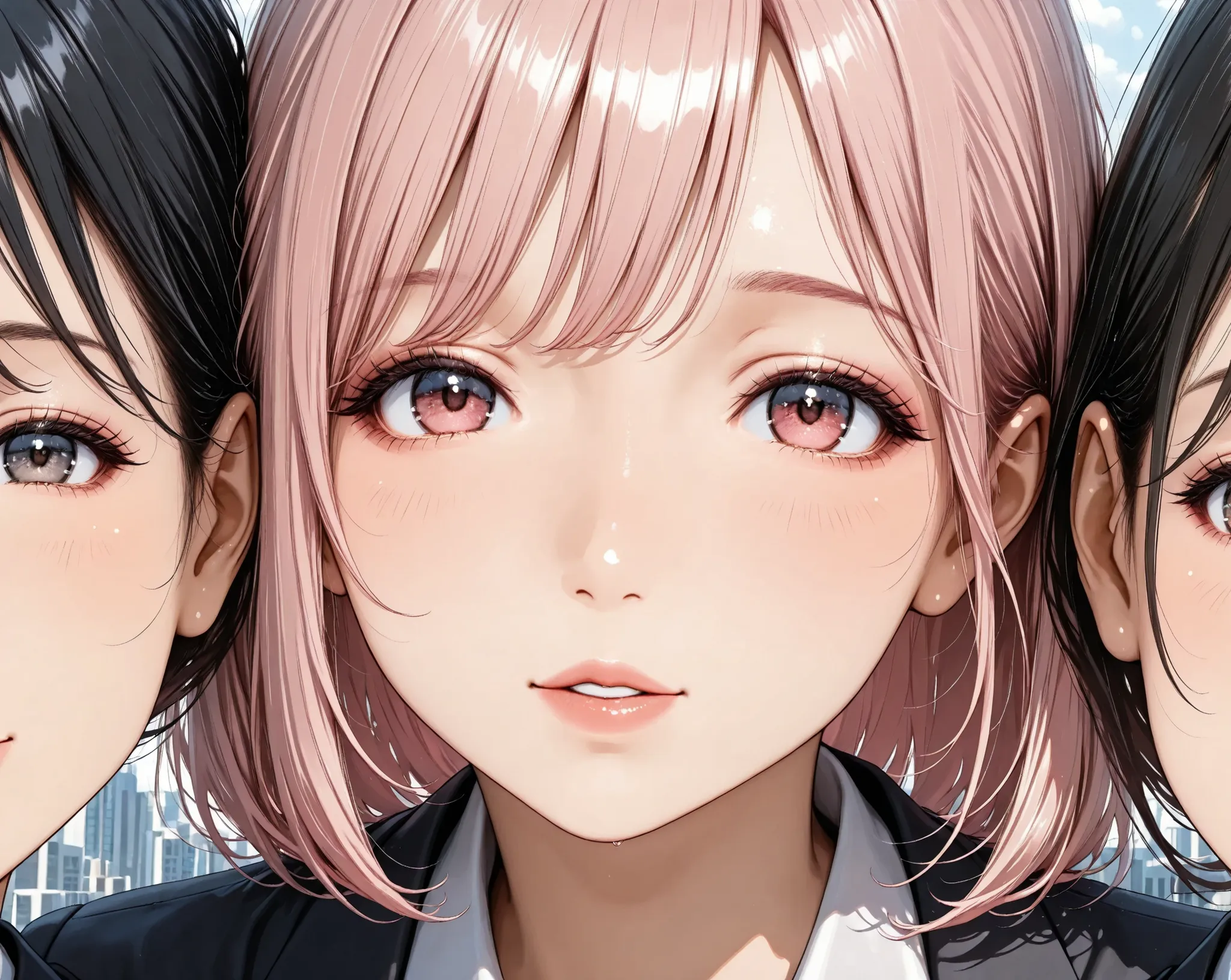 Close up, touch each other's lips face to face,office lady,long hair,short bob hair,looking viewer,black hair,pink hair, clear makeup, city street