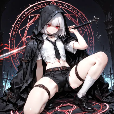 ((best quality)), ((masterpieces)), (detailed), perfect face, SOLO, ((((femboy)))), tomgirl, ANIME, beautiful detailed eyes, BOB hair, BOBed hair, white hair, RED EYES, expressionless, hooded, Magical Eyes, dark background, ((BLACK HOODED coat draped over ...