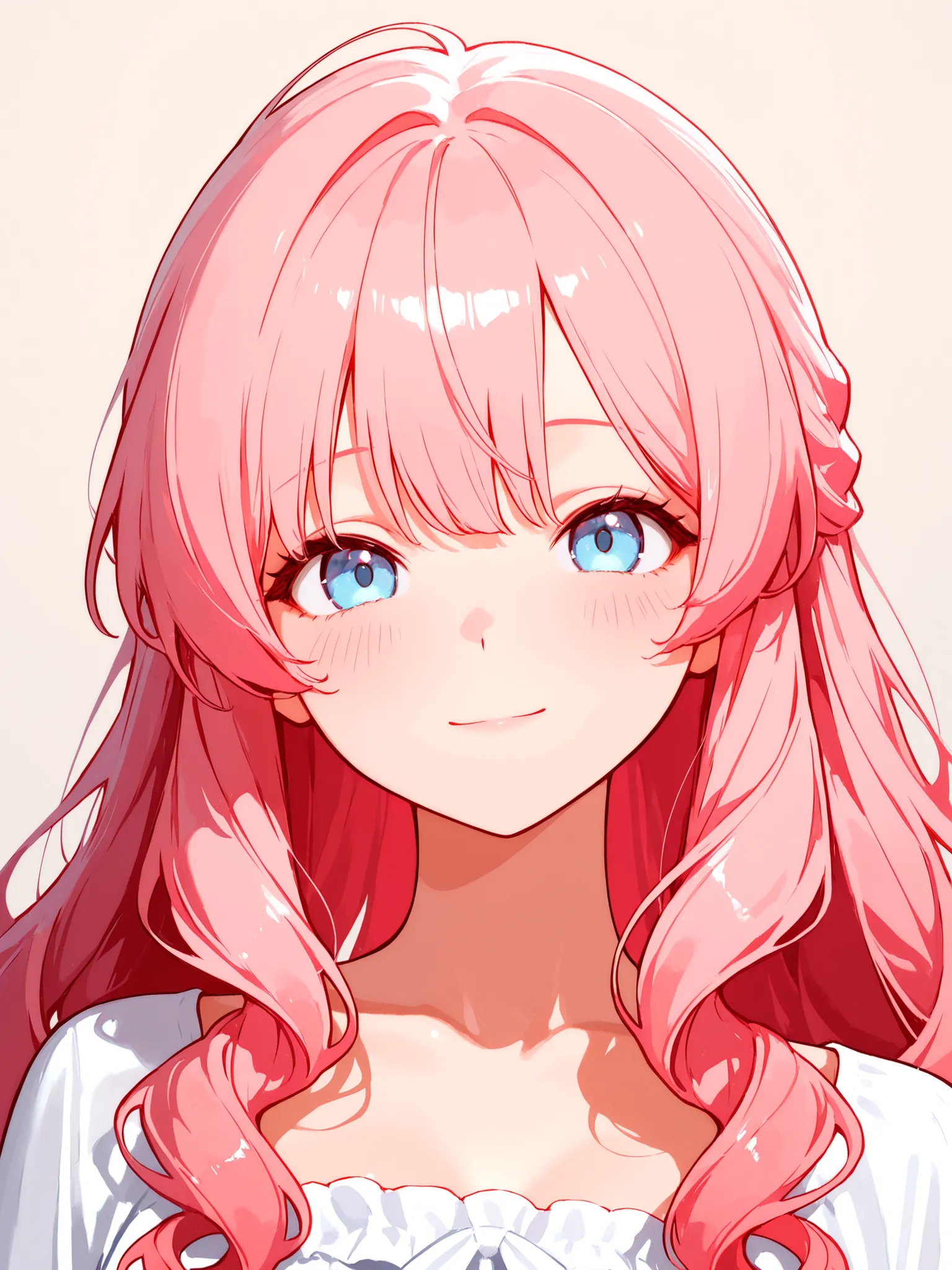 (masterpiece, highest quality), 19 years old girl, warm pink hair, long hair, wave hair, light blue eyes, beautiful eyes, detailed eyes, cute eyes, Korean drama office outfit, feminine look, light beige chiffon blouse with ruffle, no accessories, slight pr...