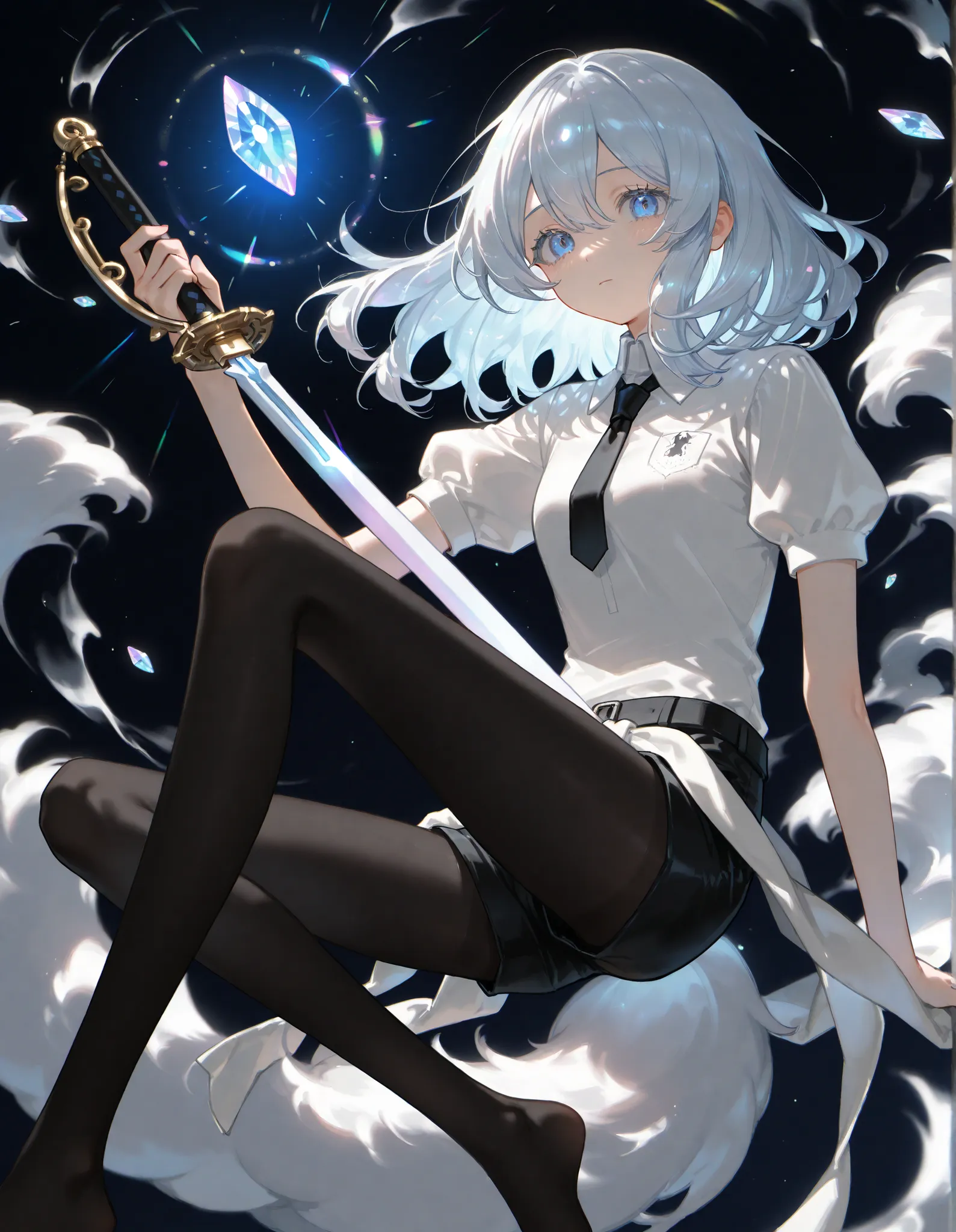 Gem Country Style Drawing、Larimer、Light Blue Loose Fluffy Medium Hair、Saggy Eyes、Downcast、has long lashes、sexy、older sister、Black Clothes、White Cutter Shirt、black tie、black shorts with a sword around the waist、black tights、long legs